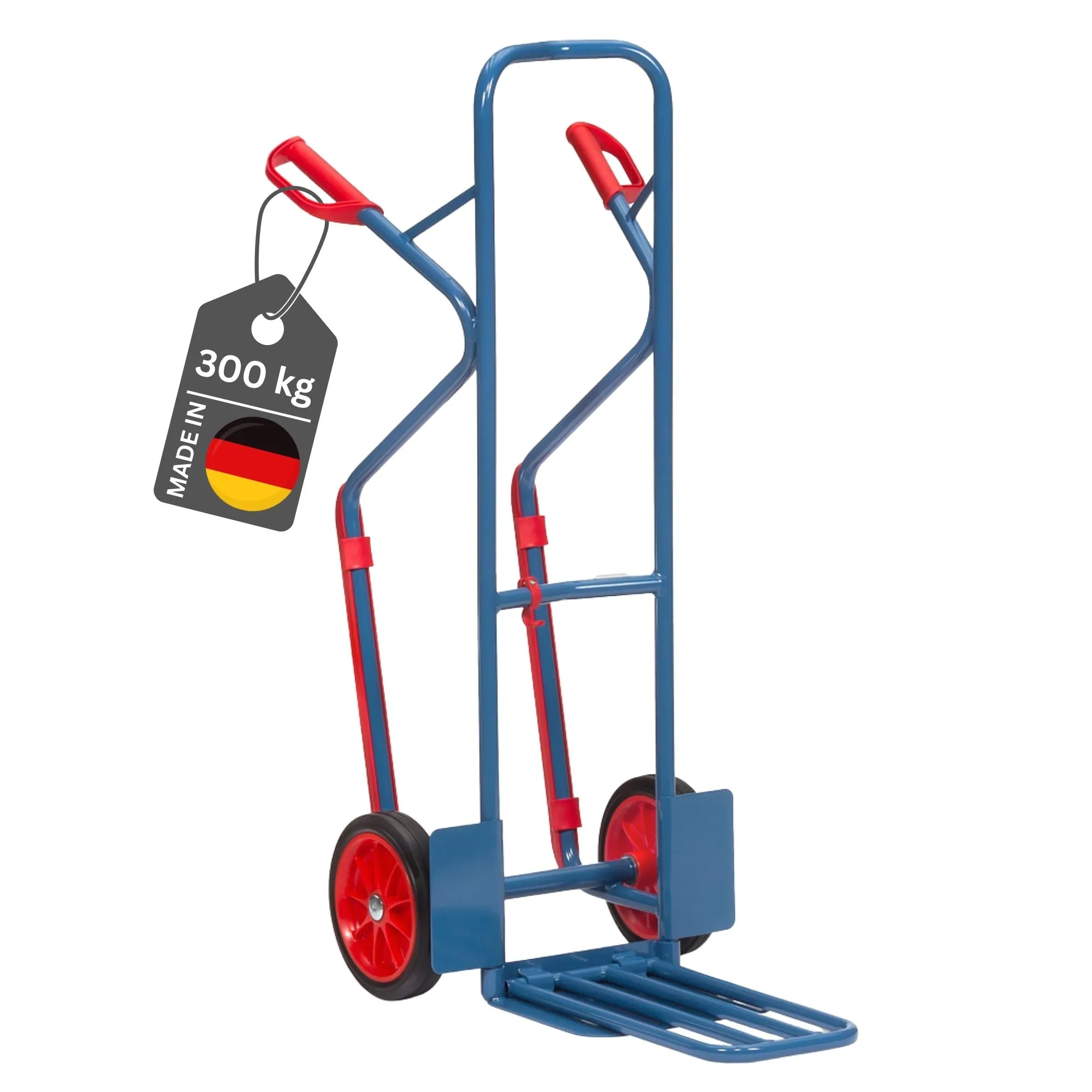 Fetra Hohe Paketkarre mit Stahlblech- und Klappschaufel, Treppenrutsche, gebogenen Streben & pannensichere Vollgummibereifung | Traglast 300kg | Made in Germany | Blau