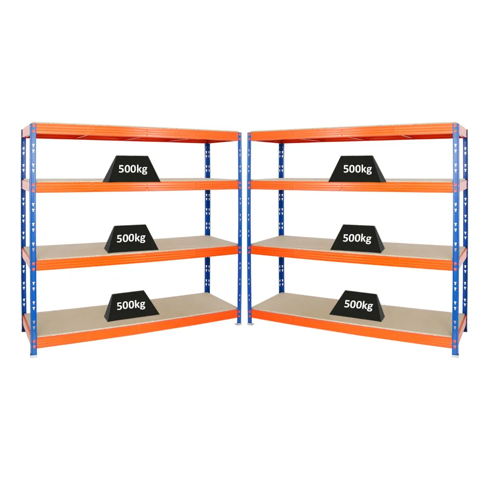 Mega Deal | 2x Profi Schwerlastregal Rhino | HxBxT 180x200x60cm | 4 Spanplatten-Ebenen 8mm | Fachlast 500kg | Blau-Orange