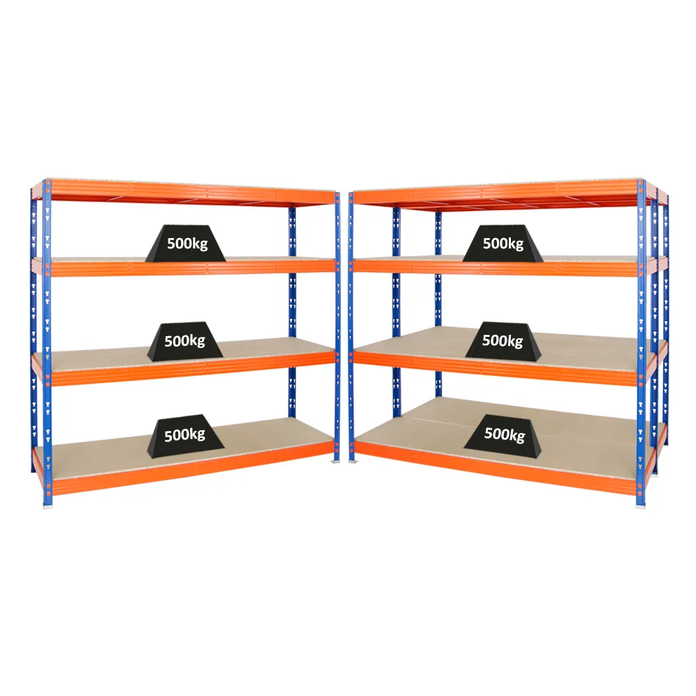 Mega Deal | 3x Profi Schwerlastregal Rhino | HxBxT 180x200x60cm | 4 Spanplatten-Ebenen 8mm | Fachlast 500kg | Blau-Orange