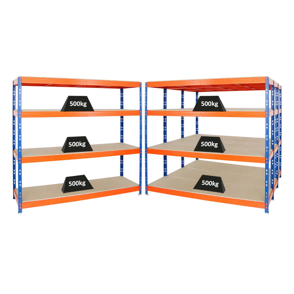 Mega Deal | 4x Profi Schwerlastregal Rhino | HxBxT 180x200x60cm | 4 Spanplatten-Ebenen 8mm | Fachlast 500kg | Blau-Orange