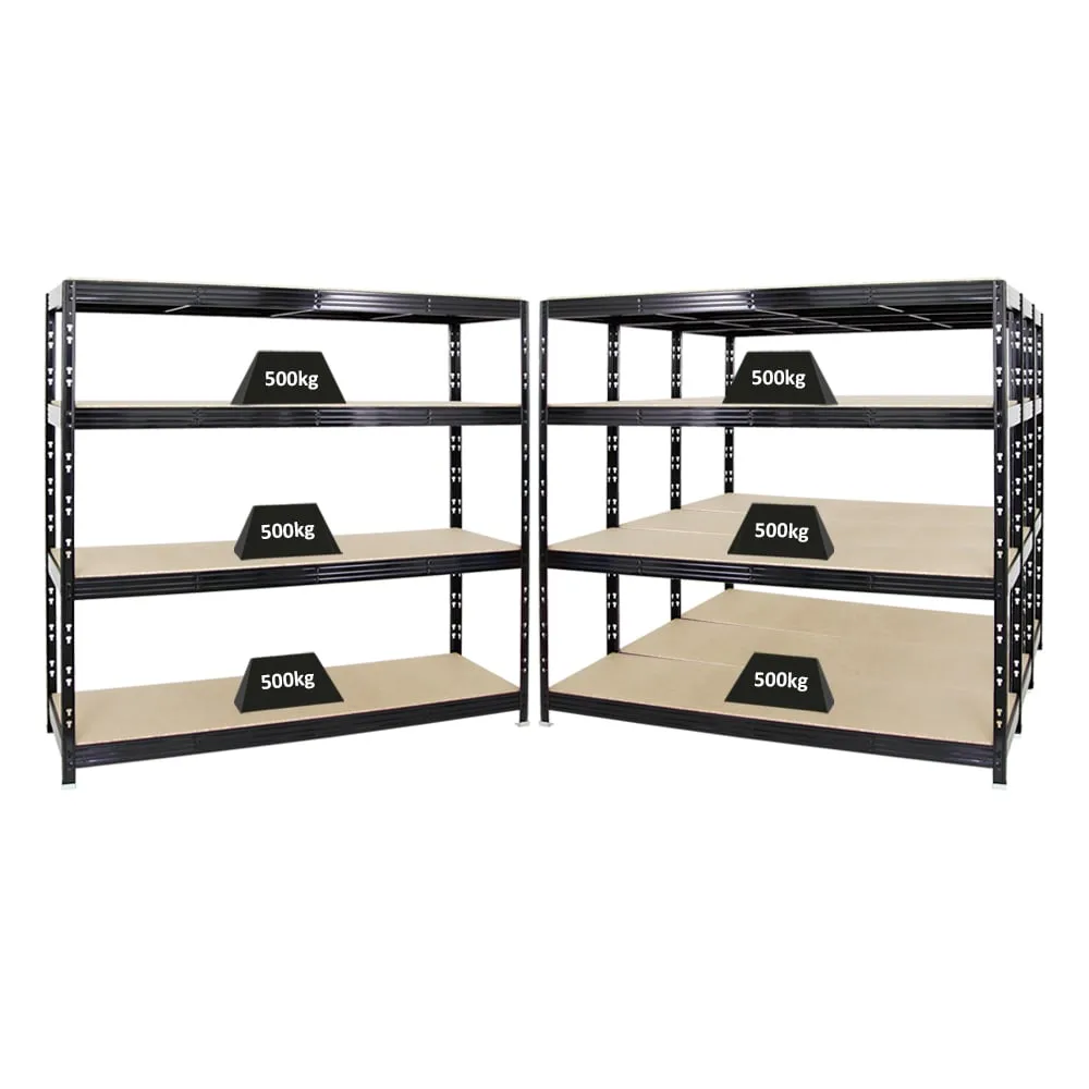 Mega Deal | 4x Profi Schwerlastregal Rhino | HxBxT 180x200x60cm | 4 Spanplatten-Ebenen 8mm | Fachlast 500kg | Schwarz