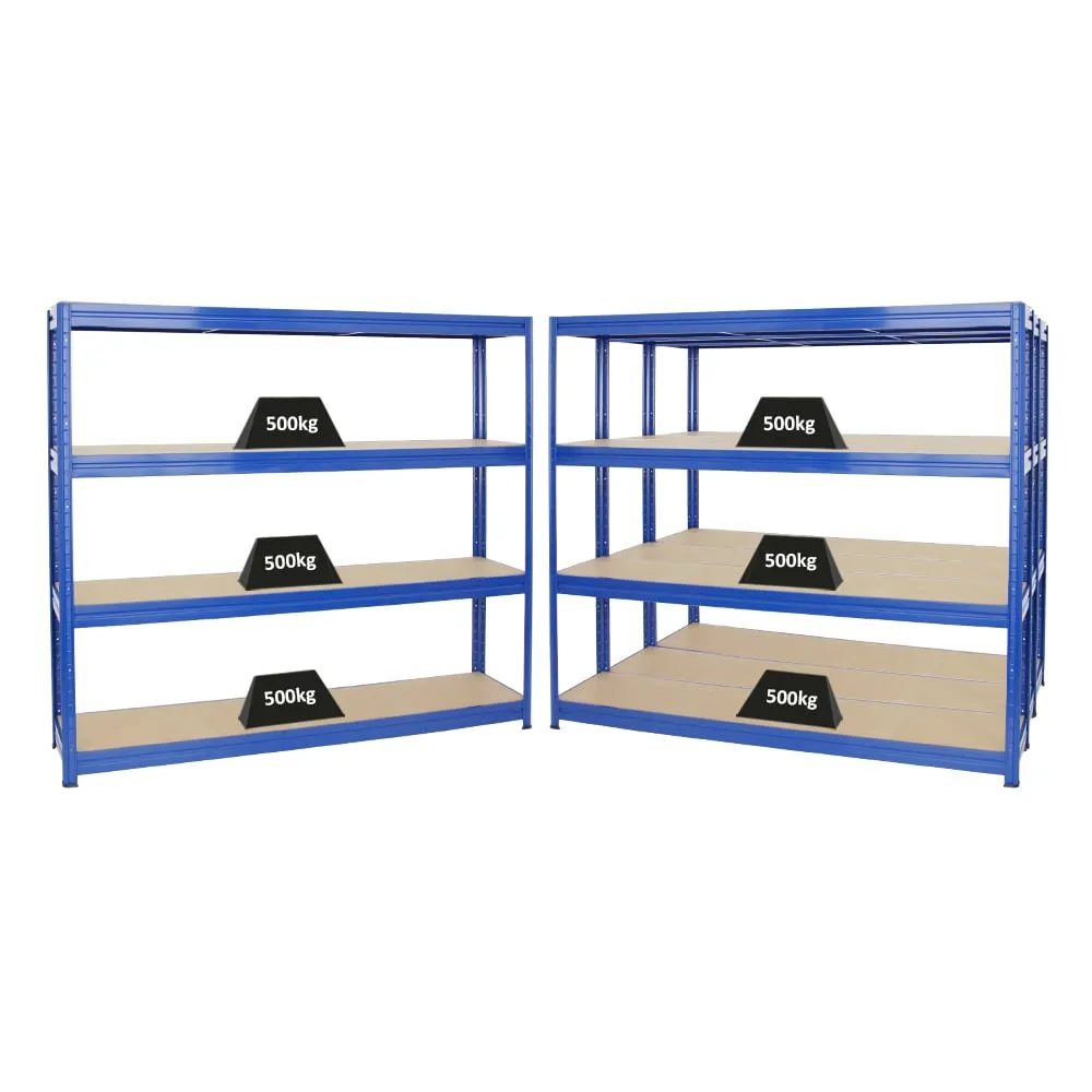 Mega Deal | 4x Schwerlastregal DINO | HxBxT 180x200x45 cm | 4 MDF-Platten-Ebenen 6,5 mm |  Fachlast 500kg | Blau