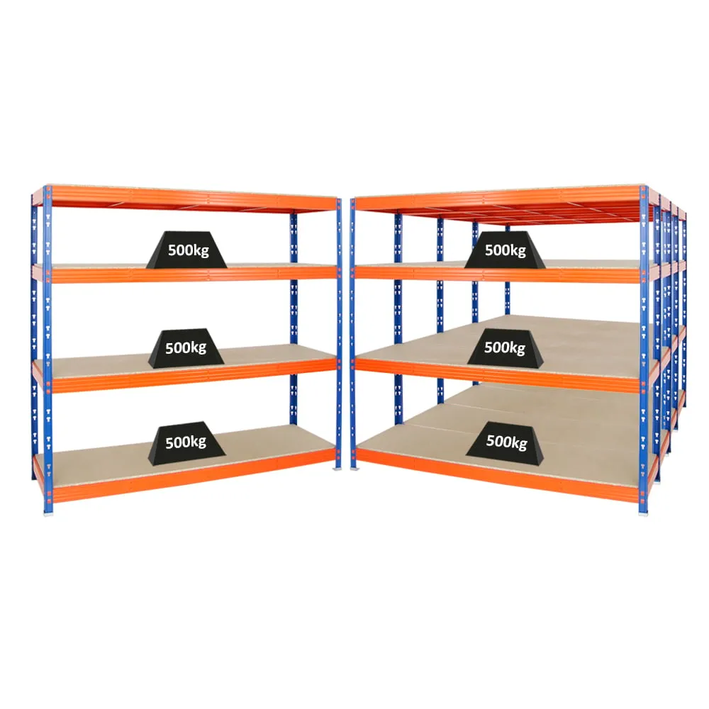 Mega Deal | 5x Profi Schwerlastregal Rhino | HxBxT 180x200x60cm | 4 Spanplatten-Ebenen 8mm | Fachlast 500kg | Blau-Orange