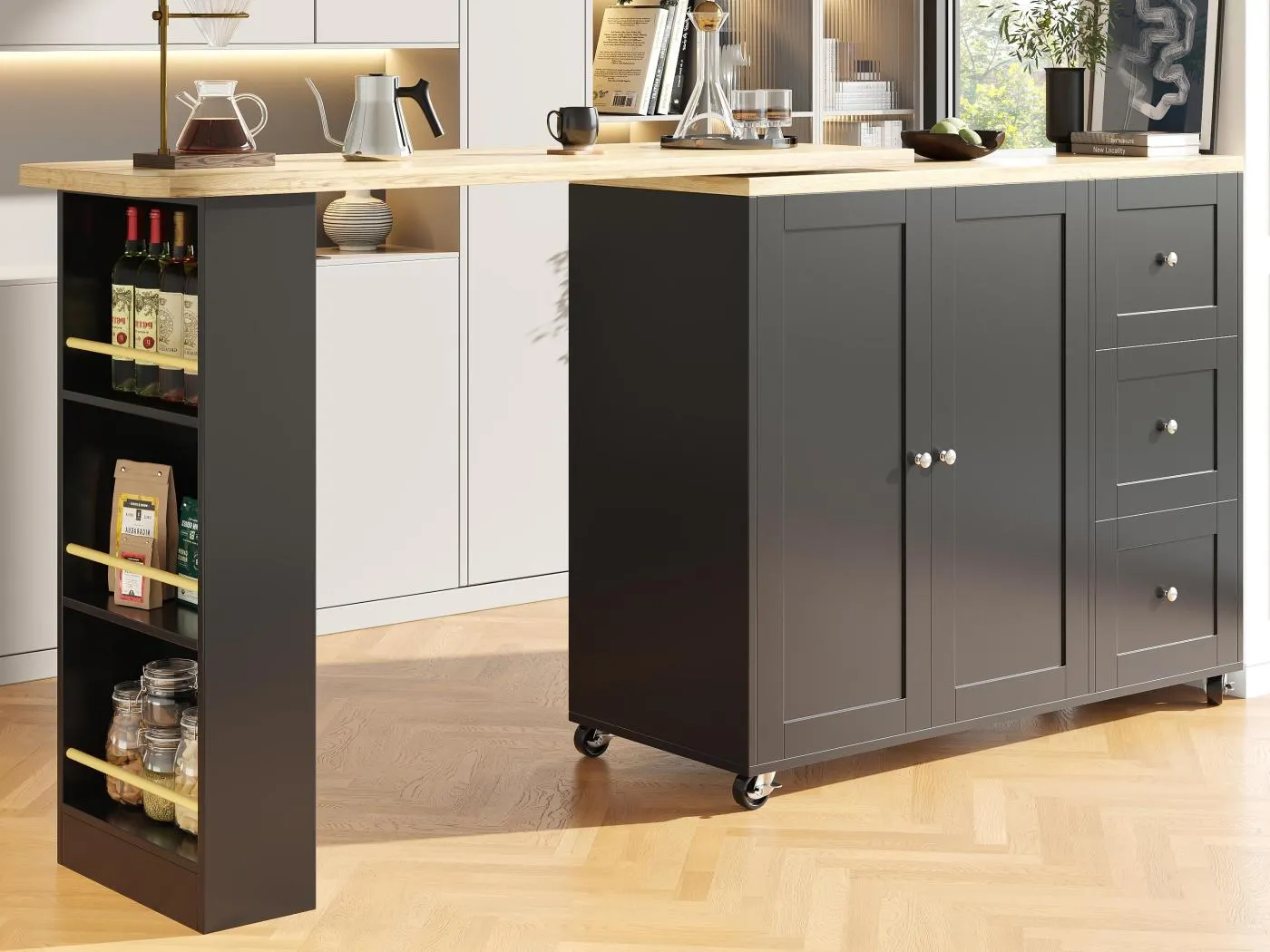 Sideboard, drehbarer Barschrank – MDF – 3 Schubladen und 2 Türen – Schwarz