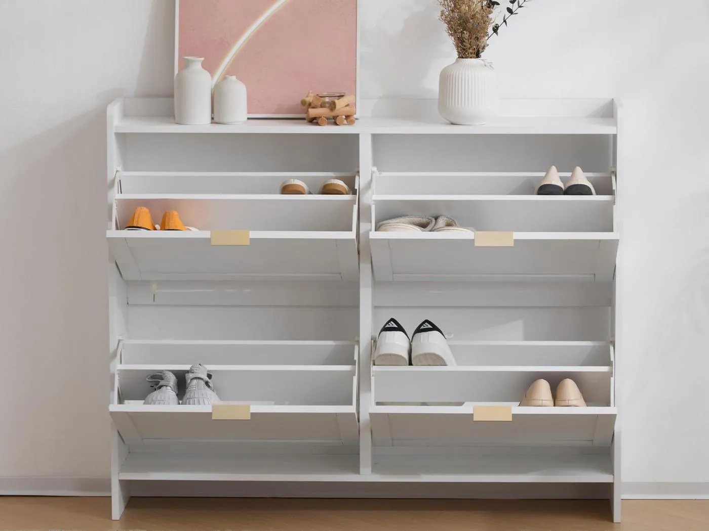 Moderner Schuhschrank – 4 Klappfächer – Weiß