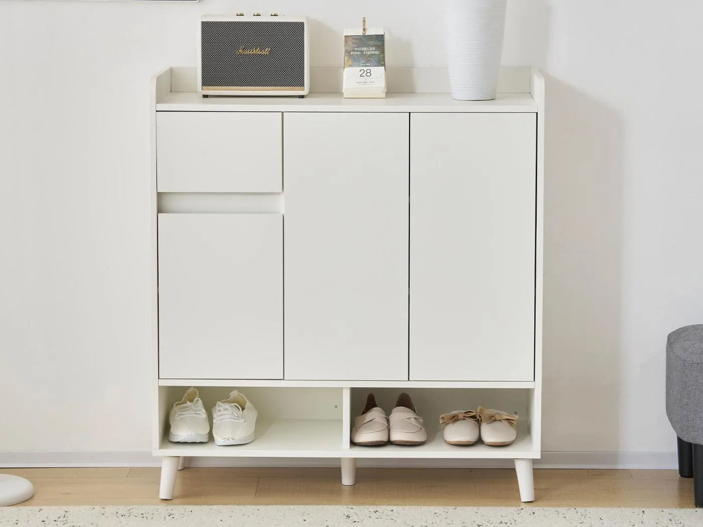 Schuhschrank – 7 Fächer und 1 Schublade – mit verstellbaren Einlegeböden – Weiß