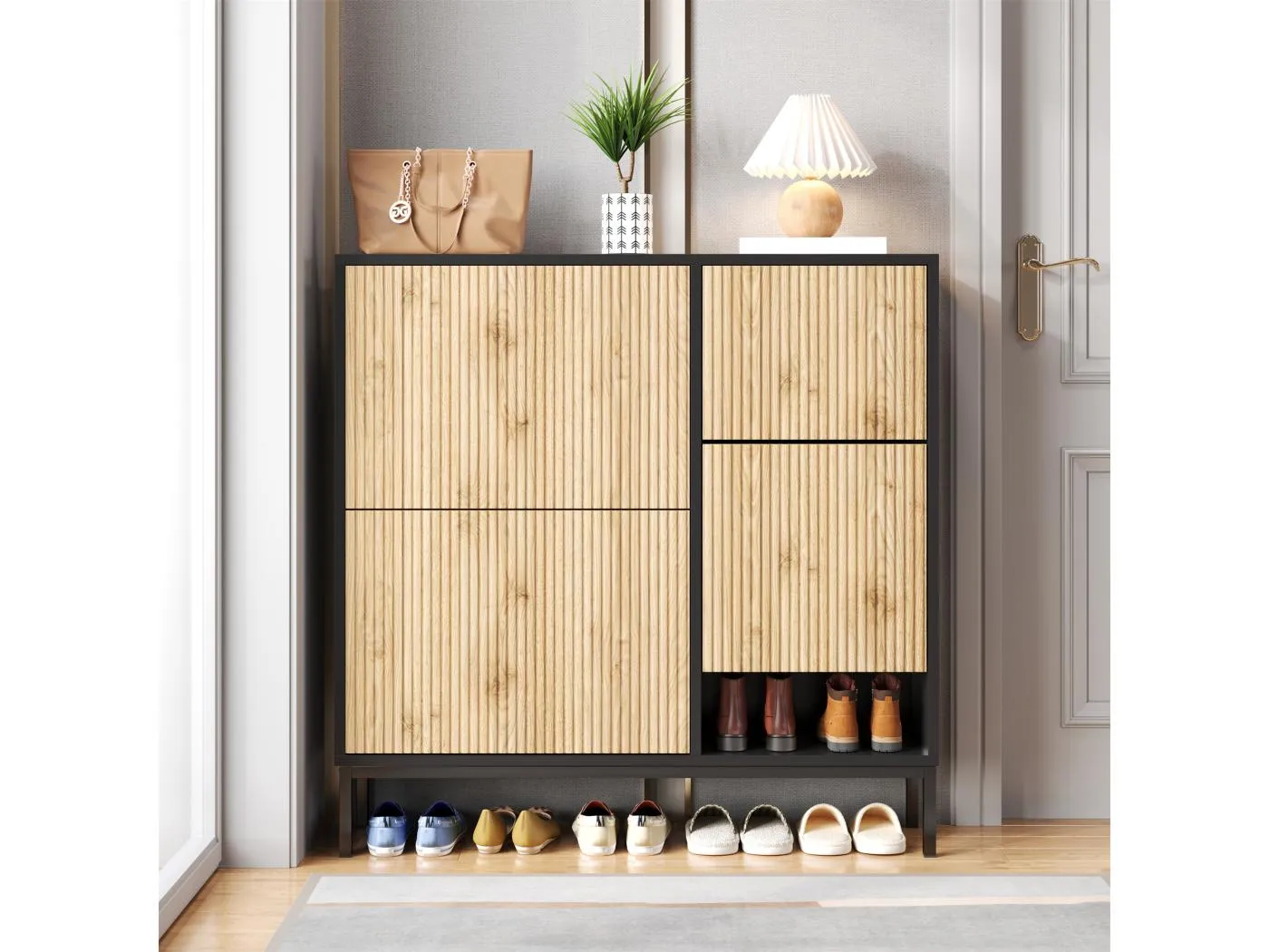 Schuhschrank mit 4 Türen und Wickelhocker - 105 x 25 x 115,5 cm - MDF - Schwarz glänzend