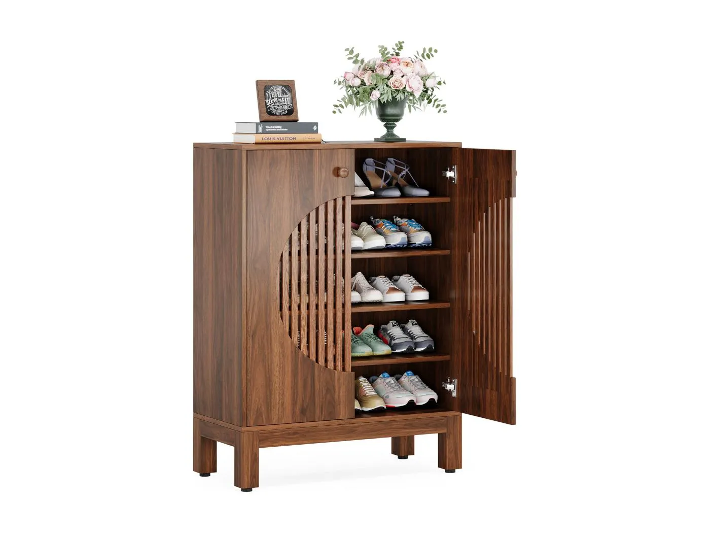 Schuhschrank mit fünf Etagen, runden Jalousietüren und verstellbaren Regalen