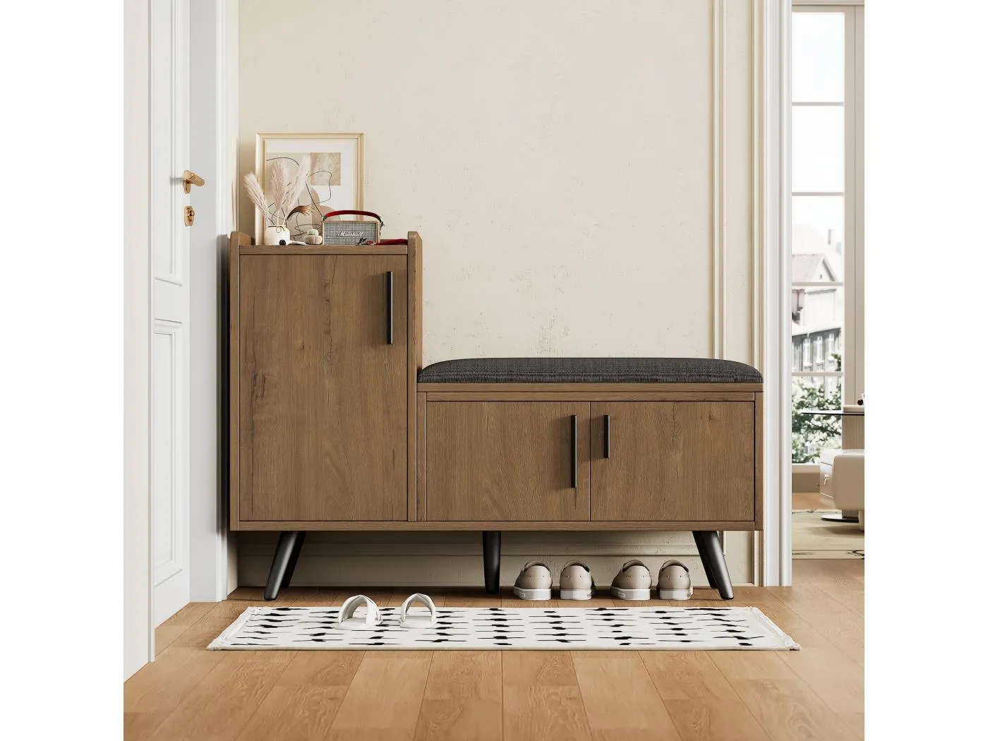 Schuhbank 100 cm, 3 Türen, mit gepolsterter Sitzfläche, mehrstufiger Stauraum, asymmetrische Griffe