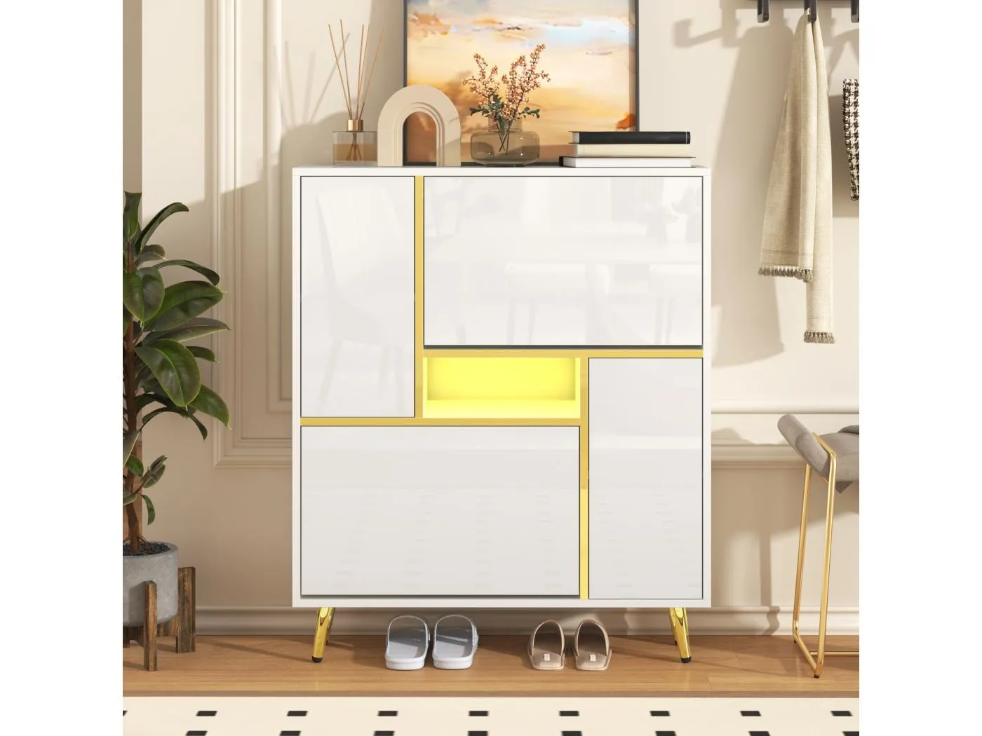 Weißer Schuhschrank mit 16-farbiger LED-Beleuchtung und goldenen Beinen – für Wohnzimmer und Eingangsbereiche