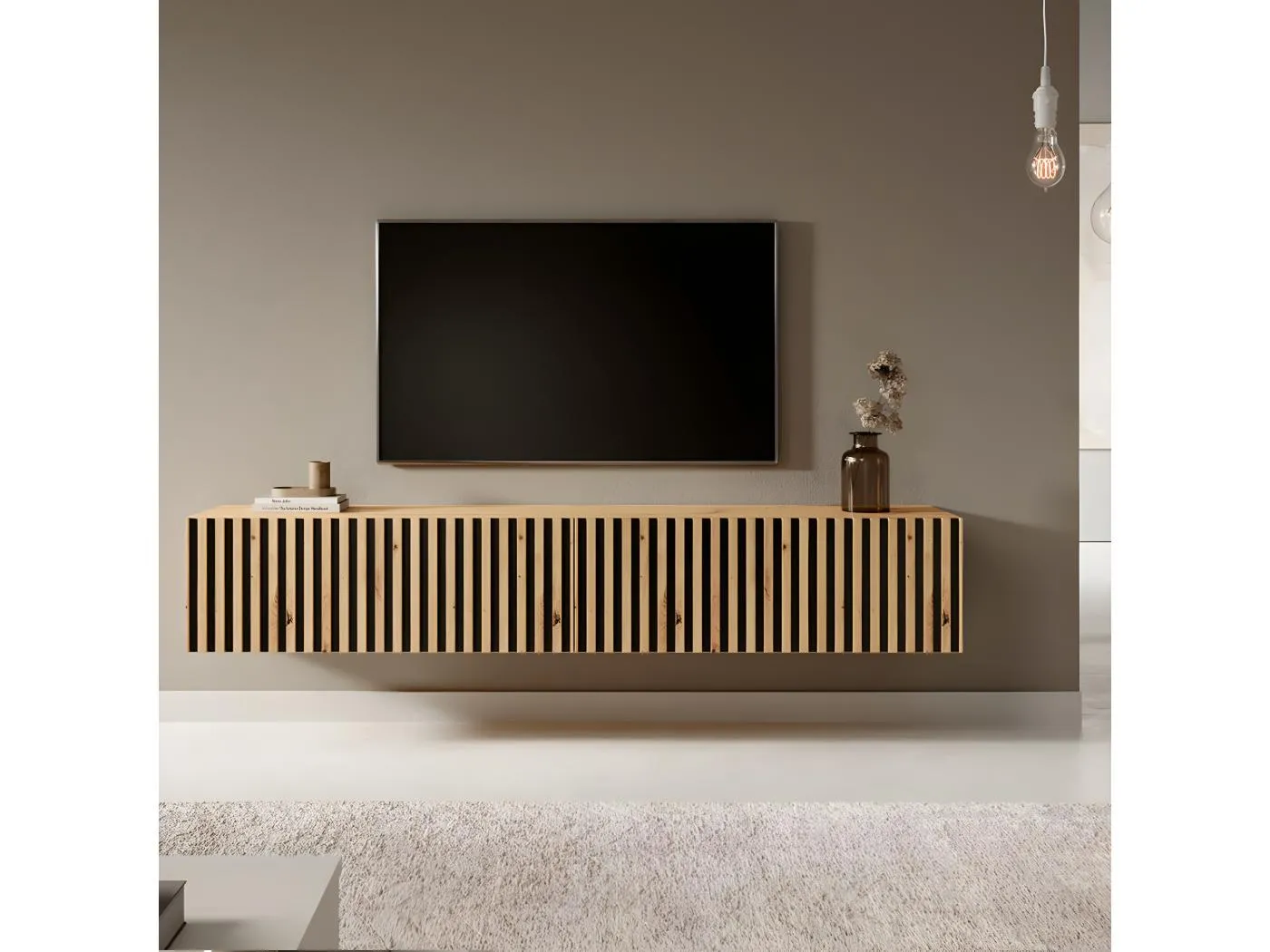 TV-Lowboard stehend in Wotan Eiche, Lamellenfront, mit schwarzen Einsätzen, 175 cm - Telire