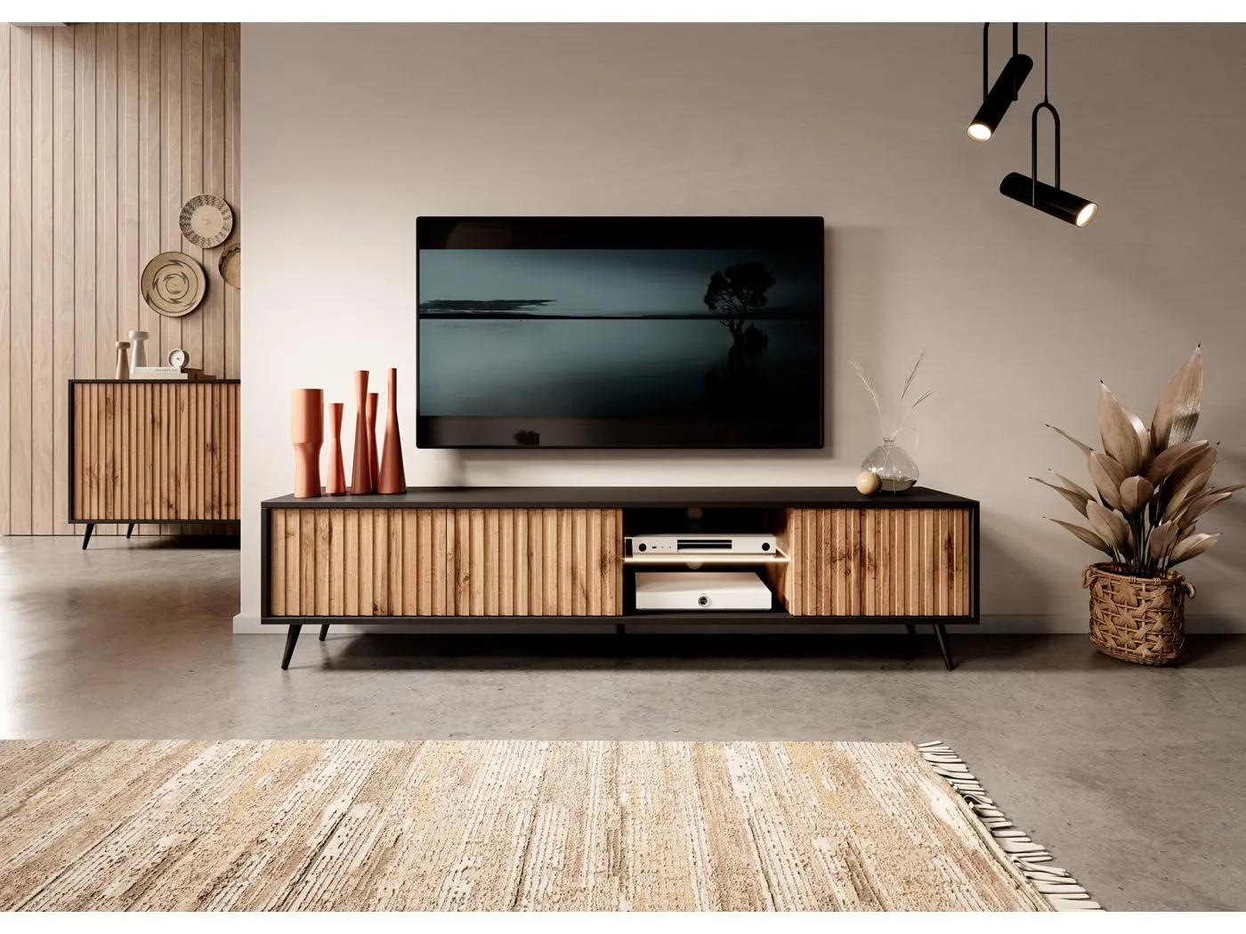 TV-Schrank mit Lamellenfronten - 175 cm - Schwarz / Wotan-Eiche mit LED - Bello