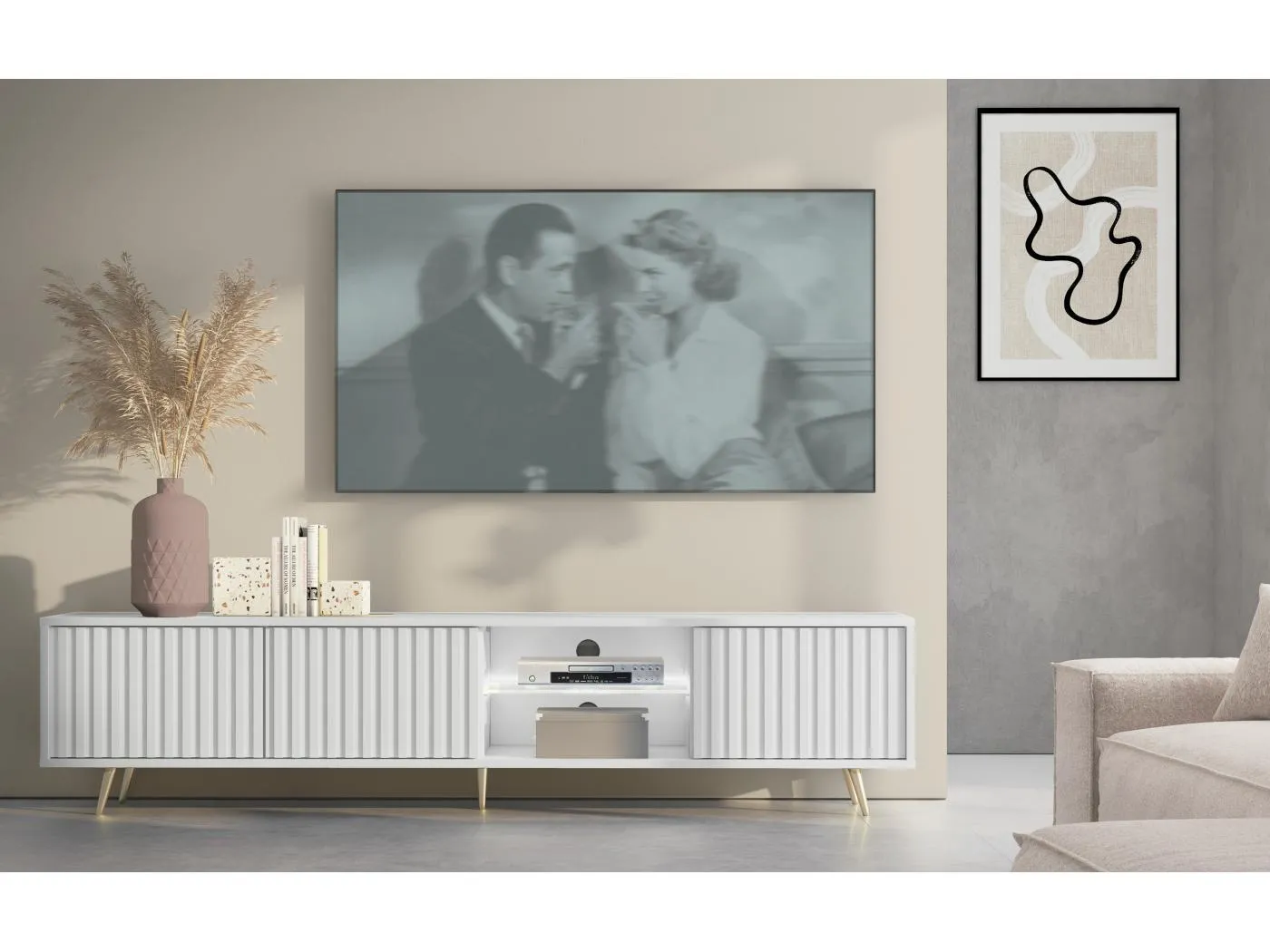 TV-Lowboard stehend in Weiß mit LED-Beleuchtung, Lamellenfront, 175 cm - Bello