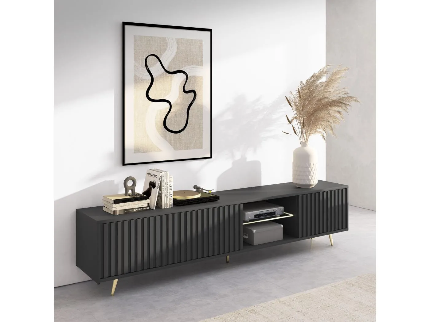 TV-Lowboard stehend in Schwarz mit LED-Beleuchtung, Lamellenfront, 175 cm - Bello