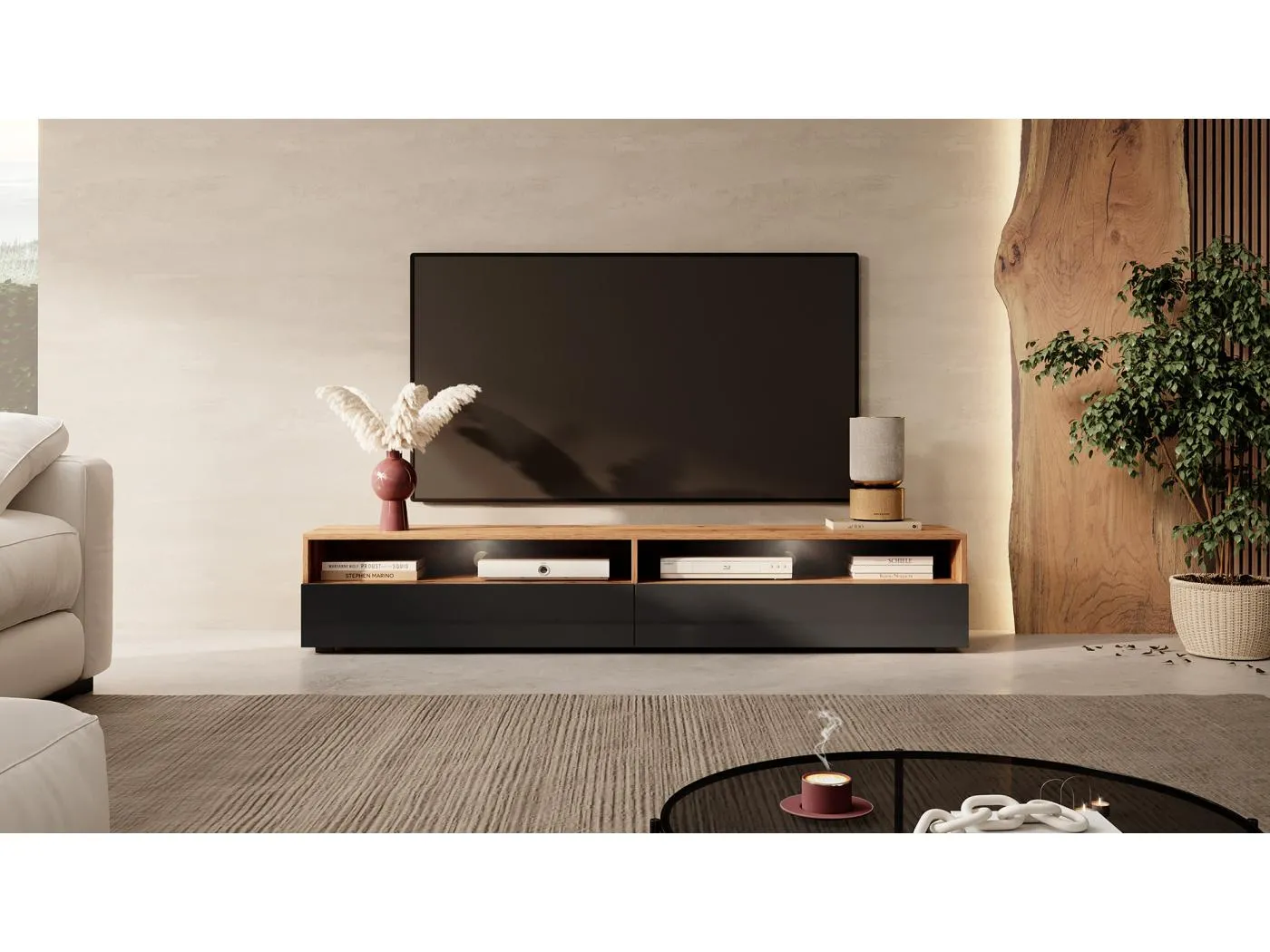 TV-Schrank / modernes TV-Board für Wohnzimmer, stehend / hängend, 180 cm breit (Wotan Eiche Matt / Schwarz Hochglanz mit LED) - Rednaw