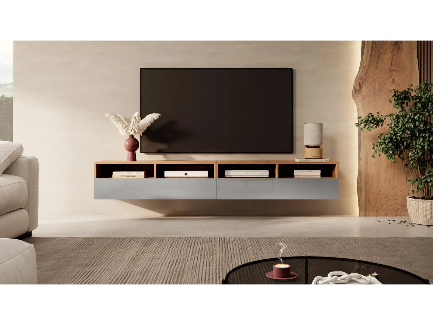 TV-Schrank / modernes TV-Board für Wohnzimmer, stehend / hängend, 200 cm breit (Wotan Eiche Matt / Grau Hochglanz ohne LED) - Rednaw