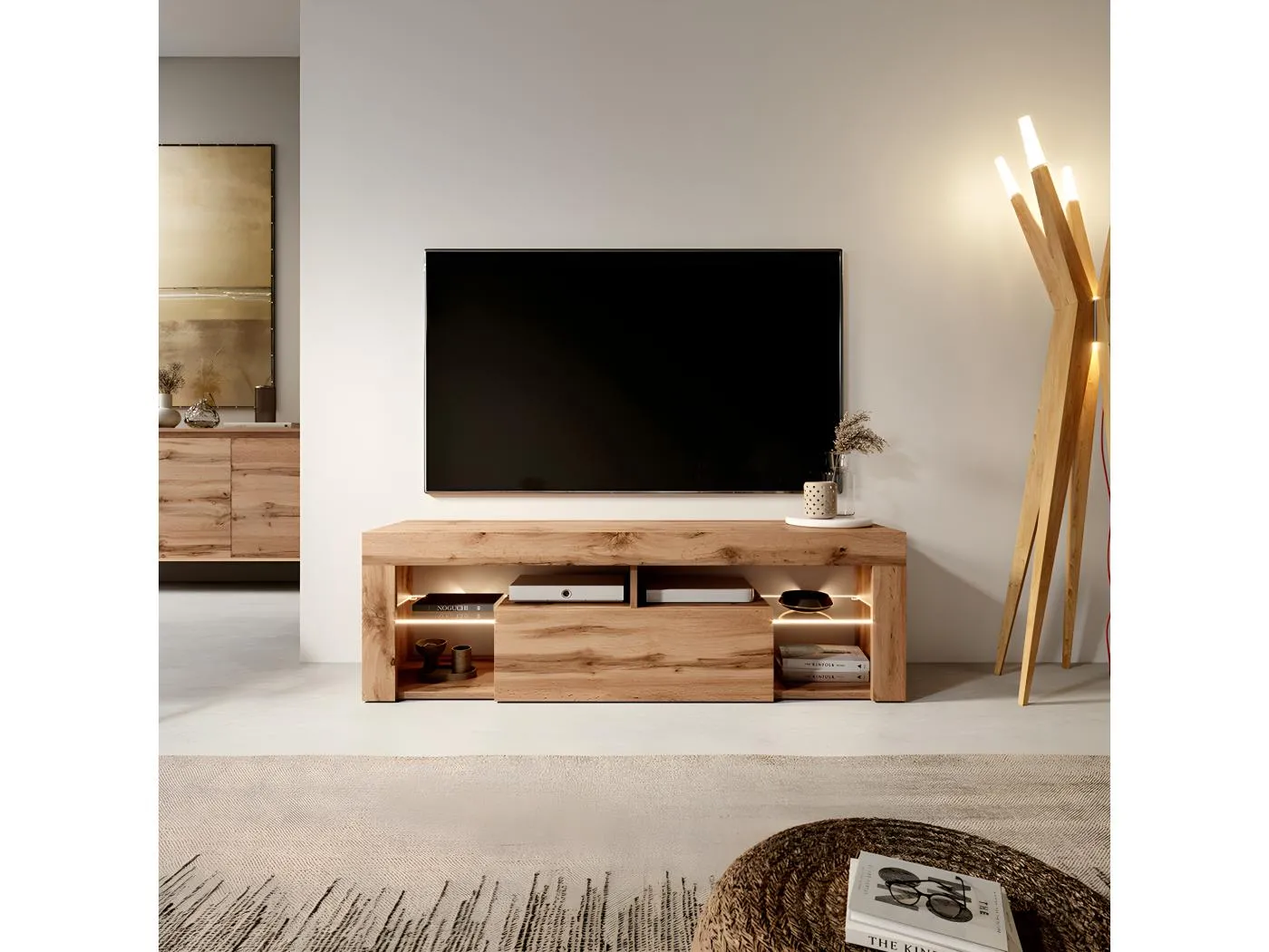 TV-Lowboard stehend in Lancaster Eiche mit Klappe und LED-Beleuchtung, 140 cm - Bianko