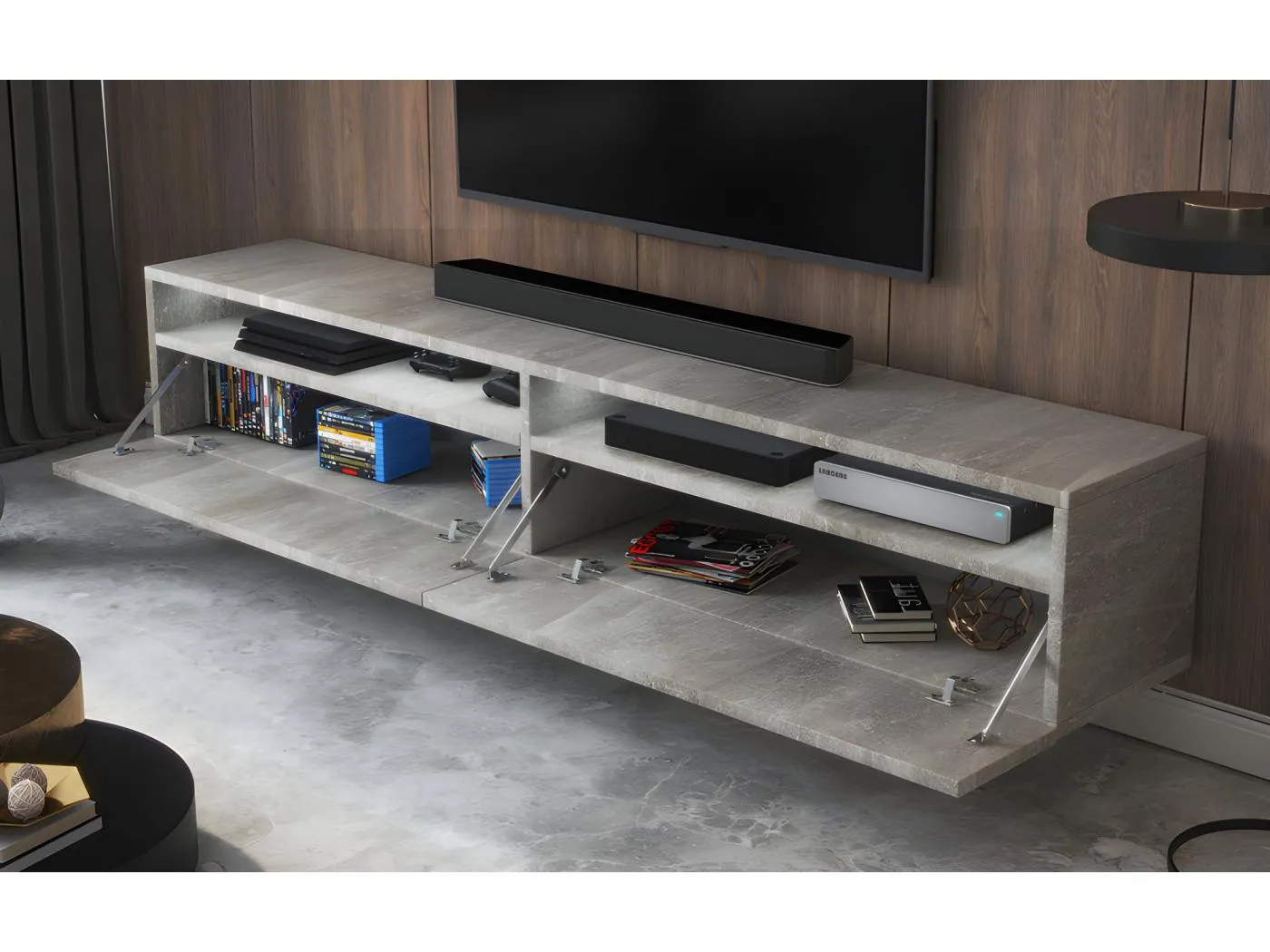 TV-Schrank / TV-Board stehend / hängend, 180 cm breit (Betonoptik Matt mit LED) - Rednaw