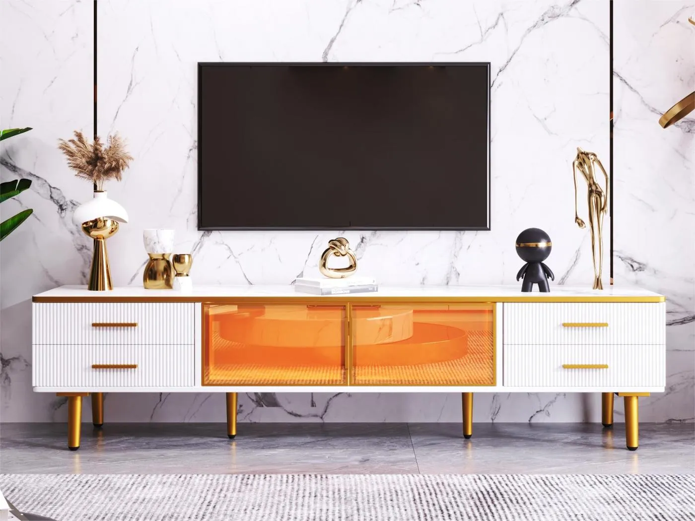 Skandinavischer TV-Schrank 170 cm mit LED – 4 Schubladen – Furnier mit Marmormuster – Weiß