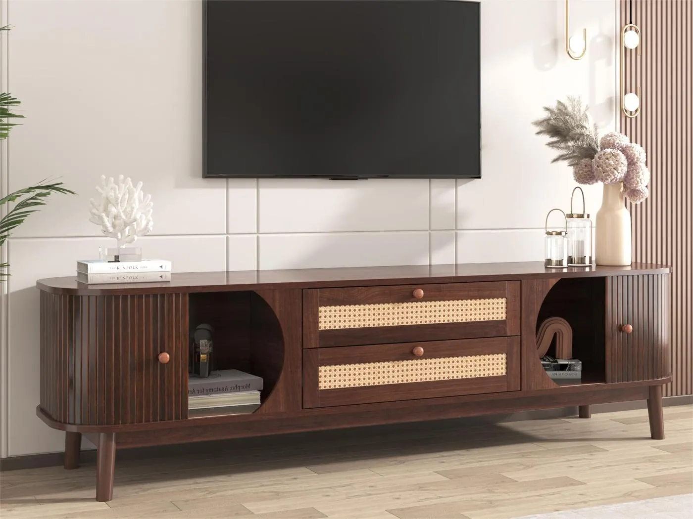 TV Möbel 170cm aus Massivholz und Rattan – 2 Schubladen und zwei Türen – Landhausstil – Braun