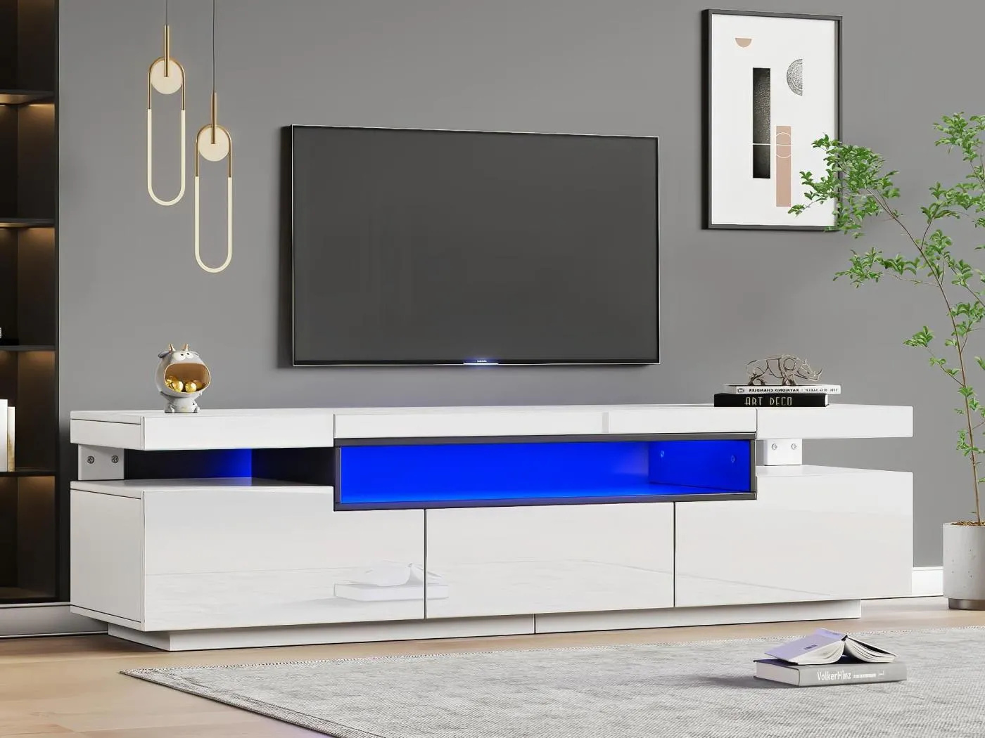 160-cm-TV-Schrank mit LED – 3 Schubladen – geeignet für 70-Zoll-Fernseher – Weiß
