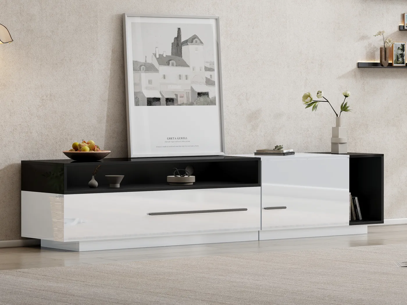 170 cm TV-Schrank – 1 große Schublade und 3 Fächer – Weiß und Schwarz