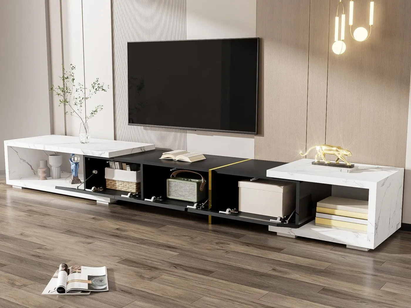 TV-Schrank mit verstellbarer Länge (140-260 cm) - 3 Klapptüren - weißer Marmor-Look - Schwarz & Weiß