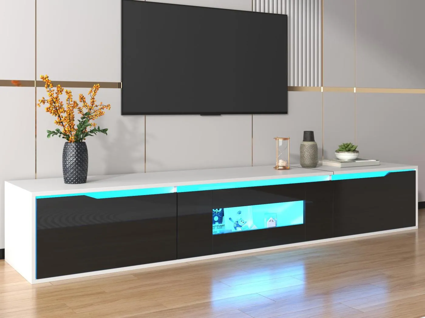 180-cm-TV-Gerät mit farbwechselndem LED-Licht – 3 große Fächer – Schwarz