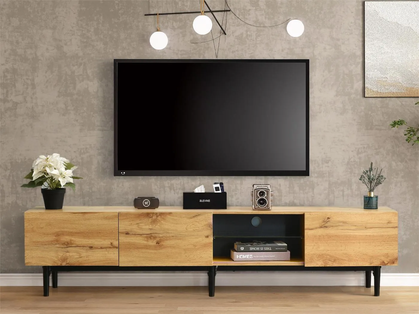 175 cm TV-Schrank mit LED – 3 Türen + 2 Regale – Industriestil – Natur