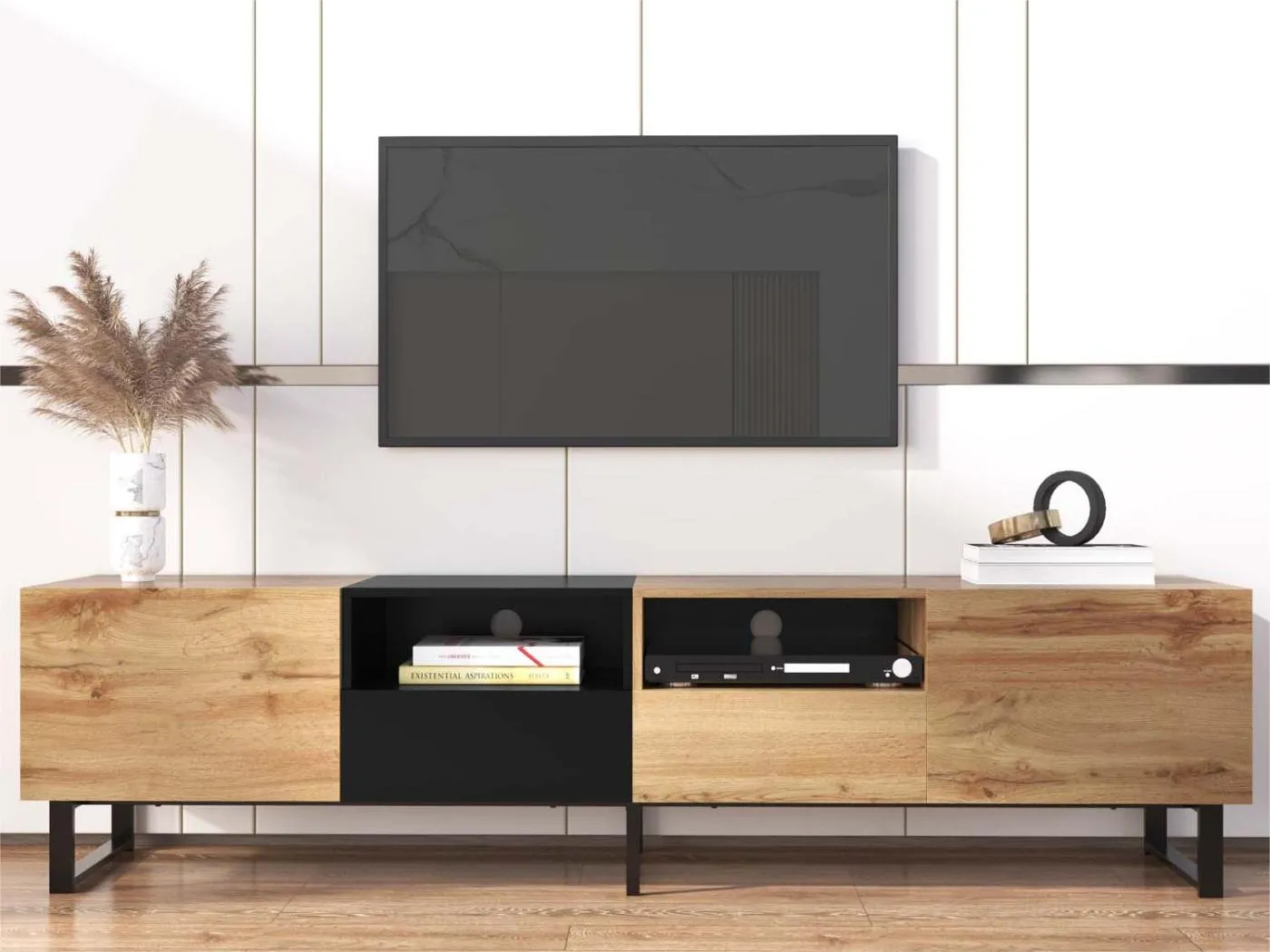 190 cm TV-Schrank – 2 Türen + 2 Schubladen + 2 Fächer – Industriestil – Natur