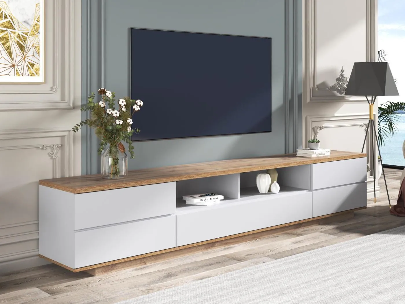 Zeitgenössischer skandinavischer TV-Schrank 180 cm aus Holz – 5 Türen + 8 Fächer – Natur und Weiß