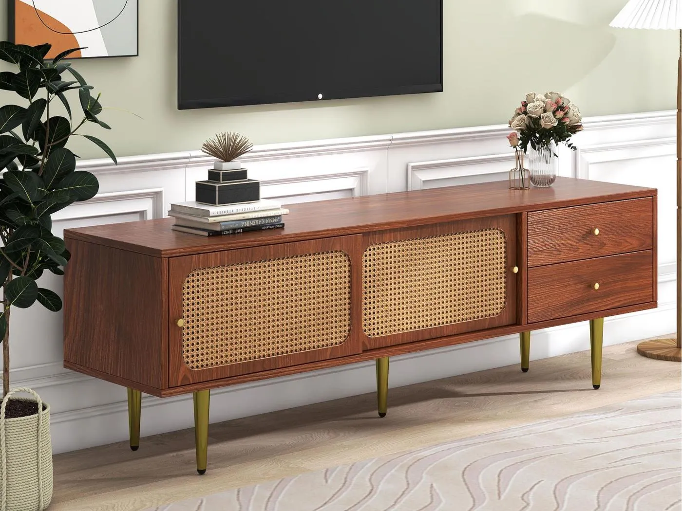 160 cm TV-Schrank – 2 Schiebetüren aus Rattan und 2 Schubladen – Braun