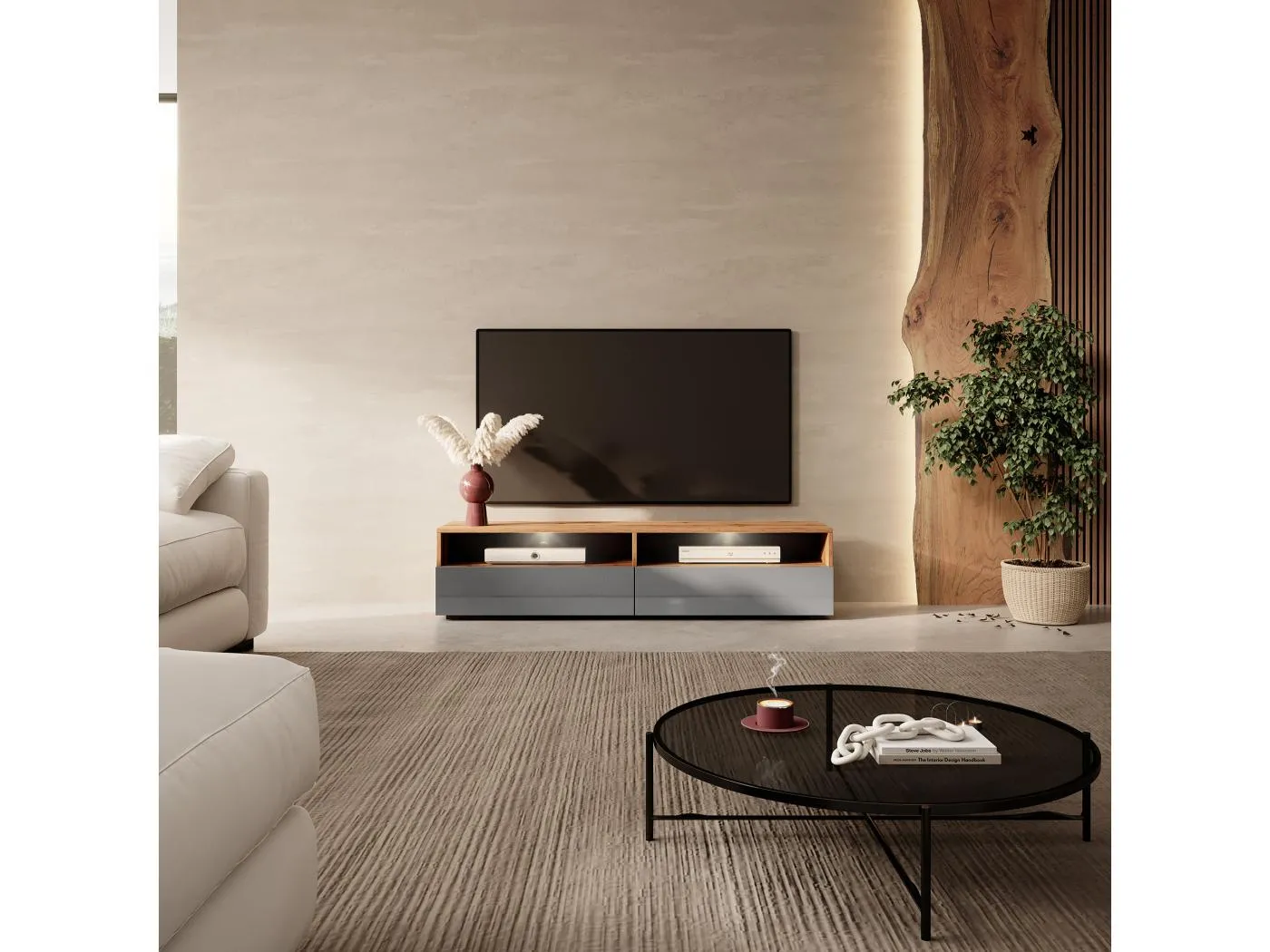 TV-Schrank / modernes TV-Board für Wohnzimmer, stehend / hängend, 140 cm breit (Wotan Eiche Matt / Grau Hochglanz mit LED) - Rednaw