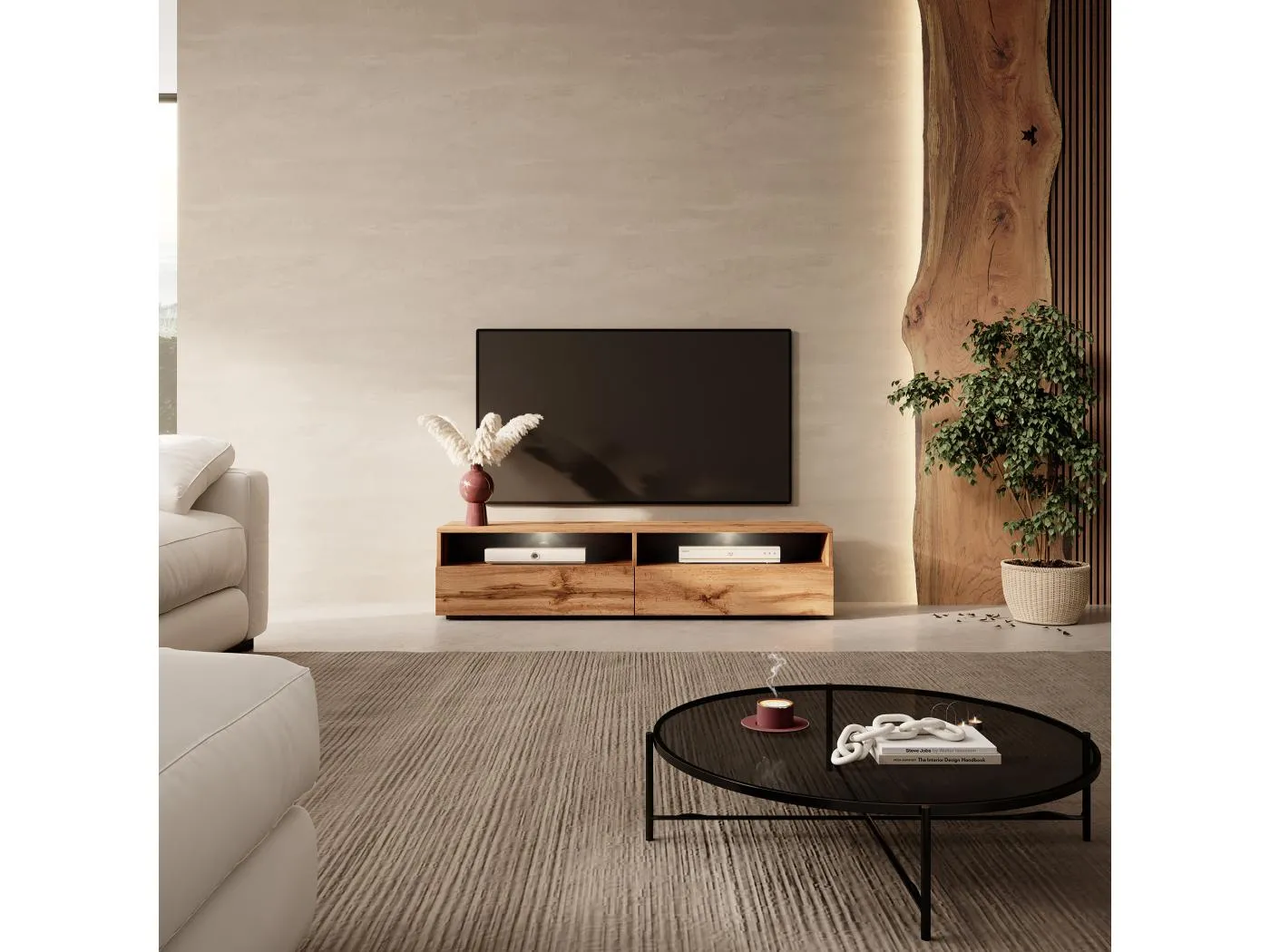 TV-Schrank / modernes TV-Board für Wohnzimmer, stehend / hängend, 140 cm breit (Wotan Eiche Matt mit LED) - Rednaw