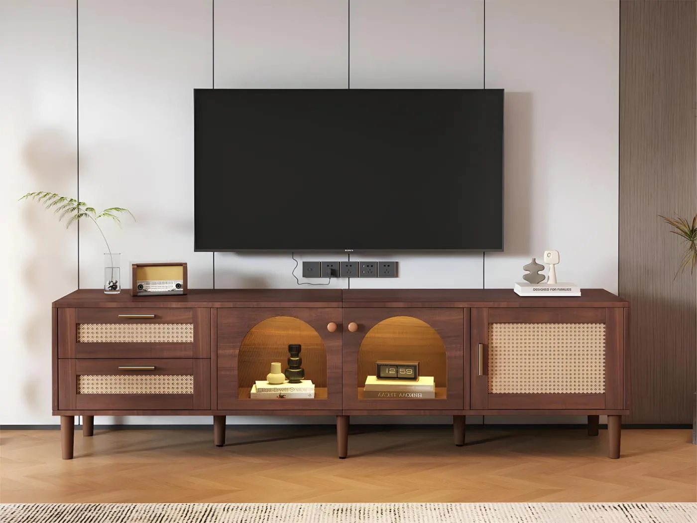 180 cm TV-Möbel mit LED-Beleuchtung – 2 Rattanschubladen und 3 Türen – Braun