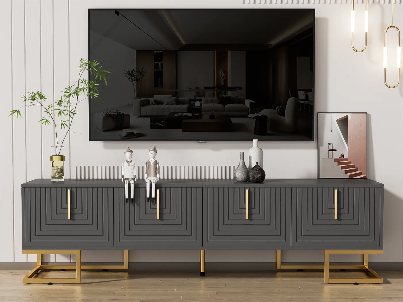 170 cm TV-Schrank – mit verstellbaren Regalen – goldene Griffe und Füße – Grau