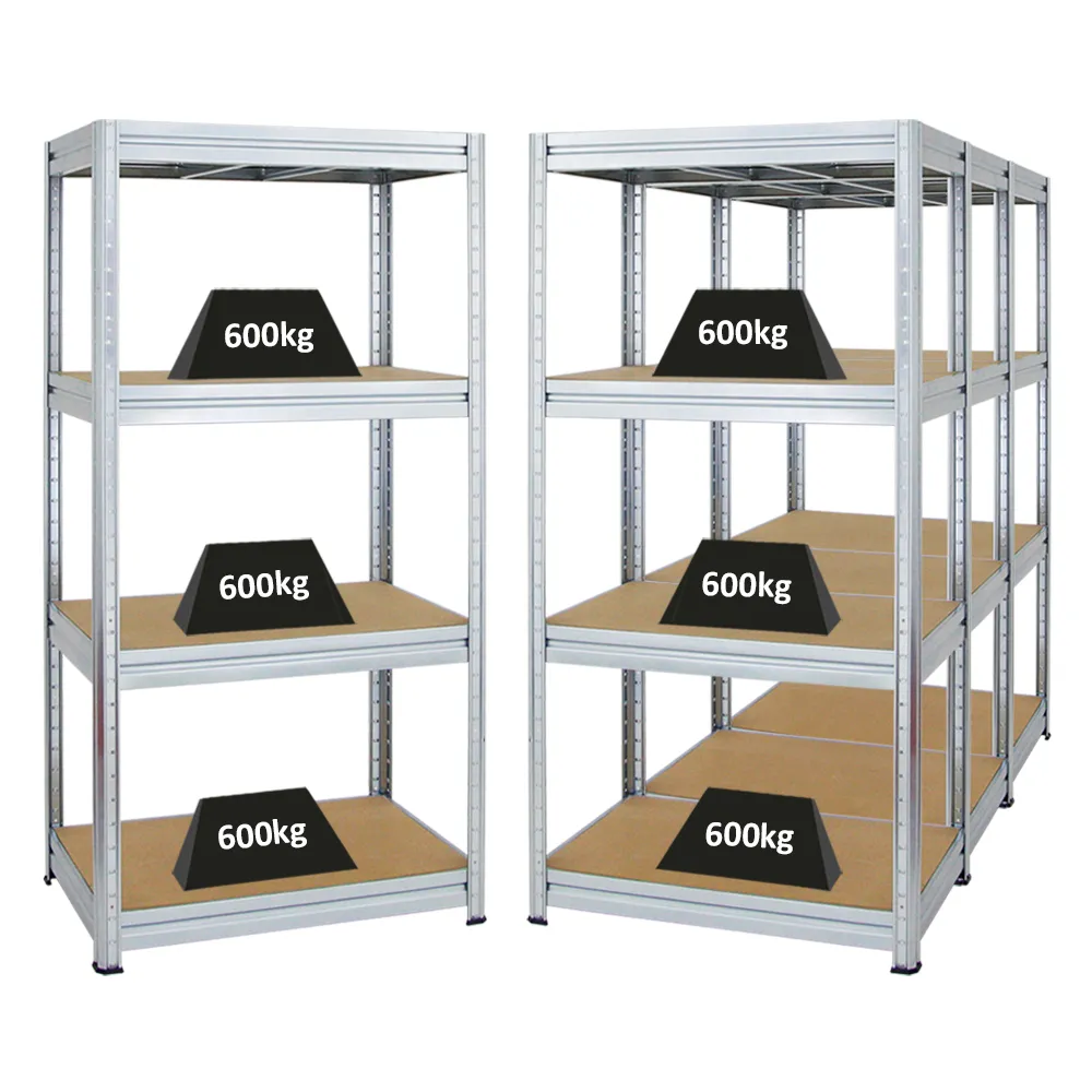 Mega Deal | 4x Schwerlastregal DINO | HxBxT 180x90x60cm | 4 MDF-Platten-Ebenen 6,5 mm | Fachlast 600kg | Verzinkt