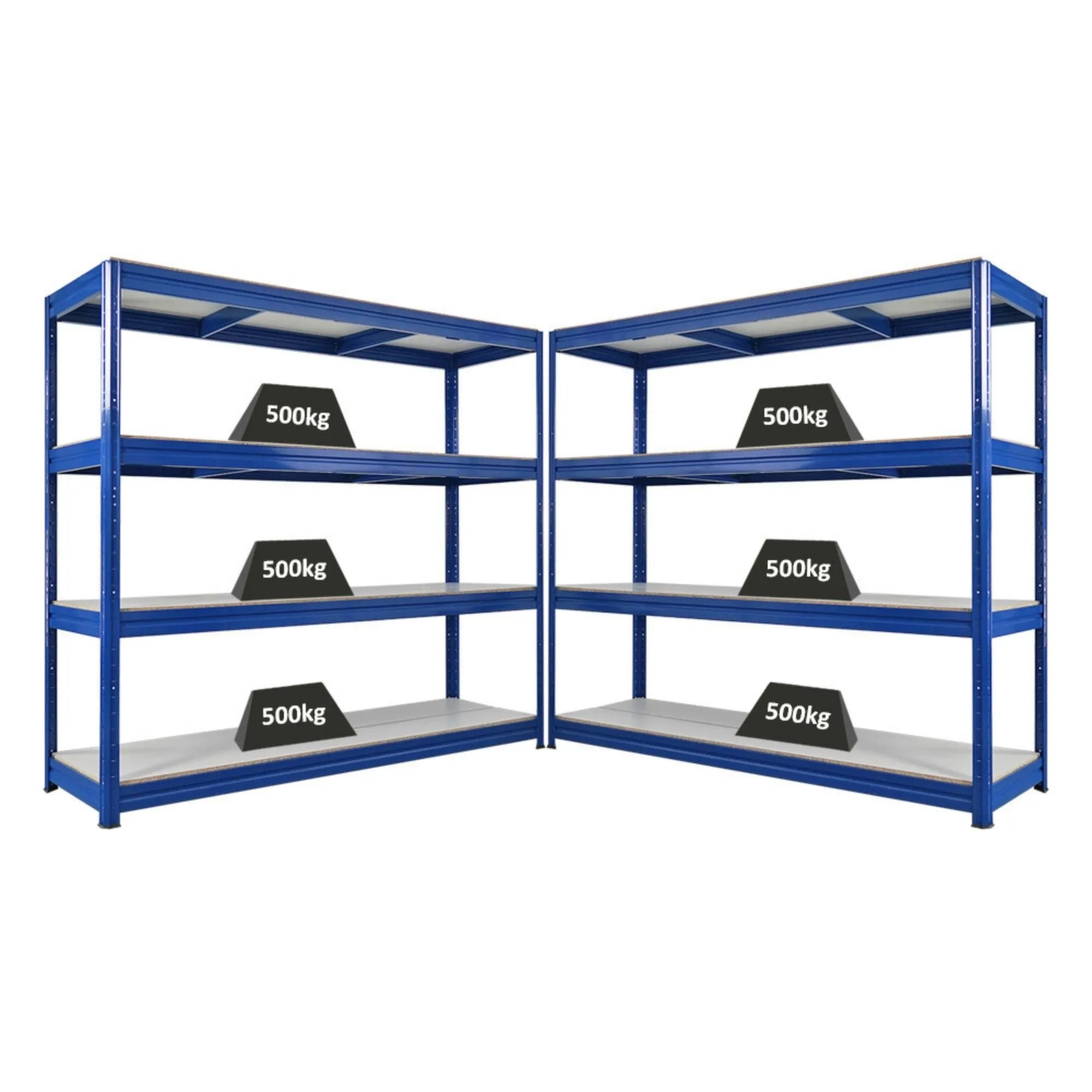 Mega Deal | 2x Schwerlastregal DINO | HxBxT 180x200x60cm | 4 Melamin-Ebenen 16mm | Fachlast 500kg | Blau