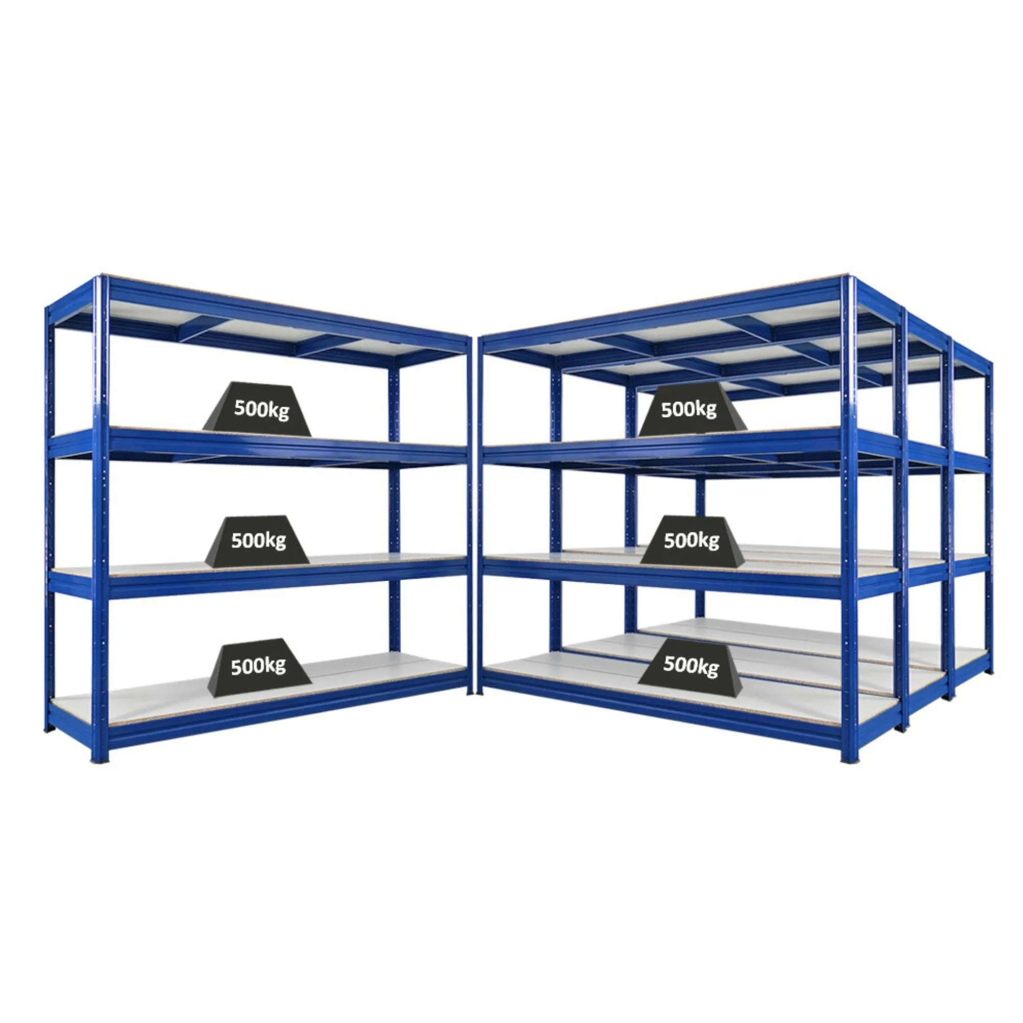 Mega Deal | 4x Schwerlastregal DINO | HxBxT 180x200x60cm | 4 Melamin-Ebenen 16mm | Fachlast 500kg | Blau