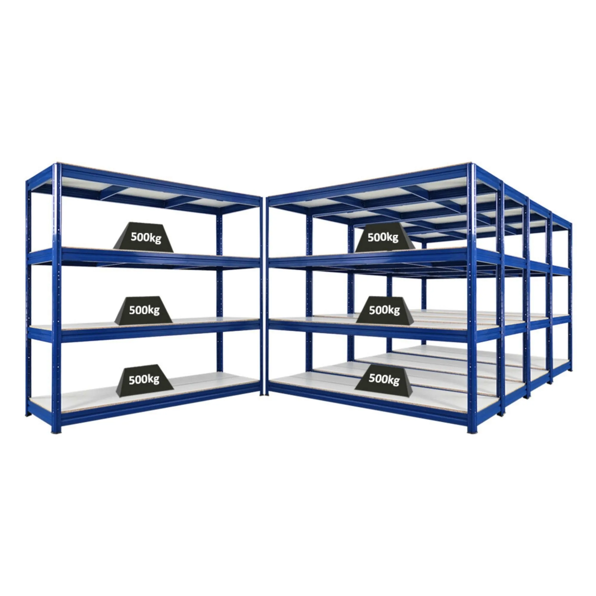 Mega Deal | 5x Schwerlastregal DINO | HxBxT 180x200x60cm | 4 Melamin-Ebenen 16mm | Fachlast 500kg | Blau