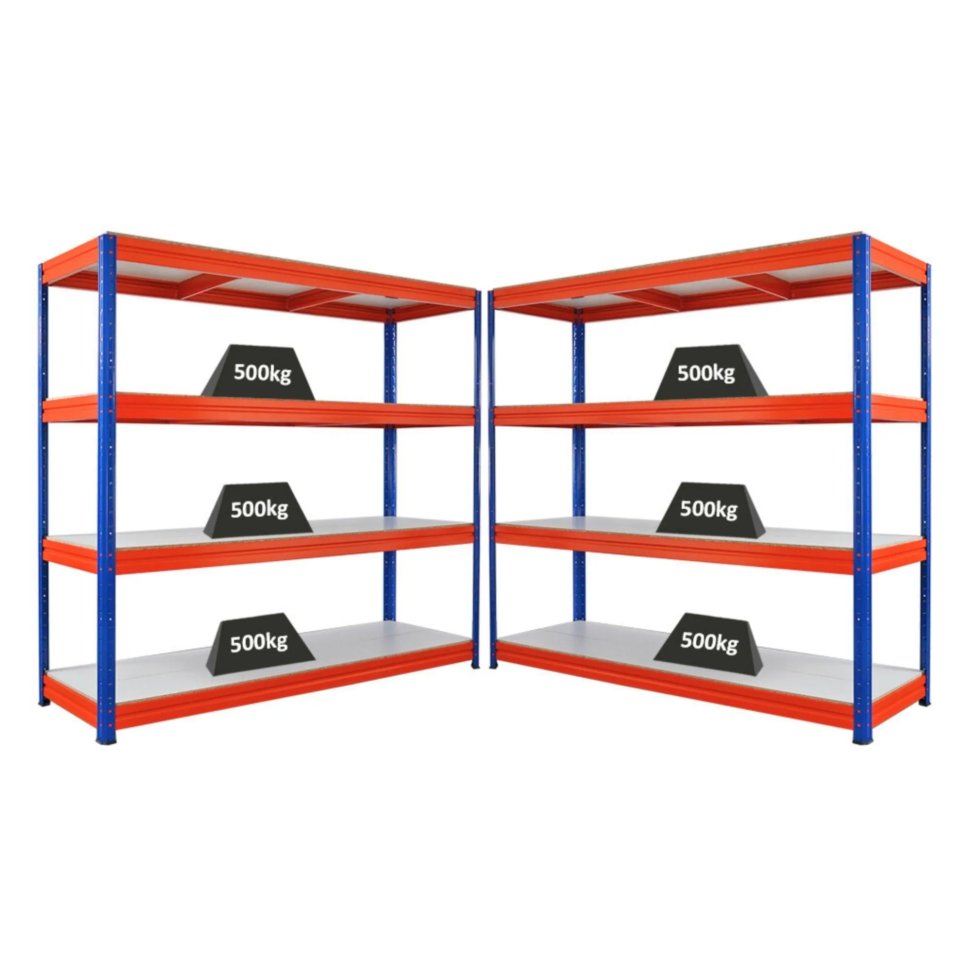 Mega Deal | 2x Schwerlastregal DINO | HxBxT 180x200x60cm | 4 Melamin-Ebenen 16mm | Fachlast 500kg | Blau/Orange