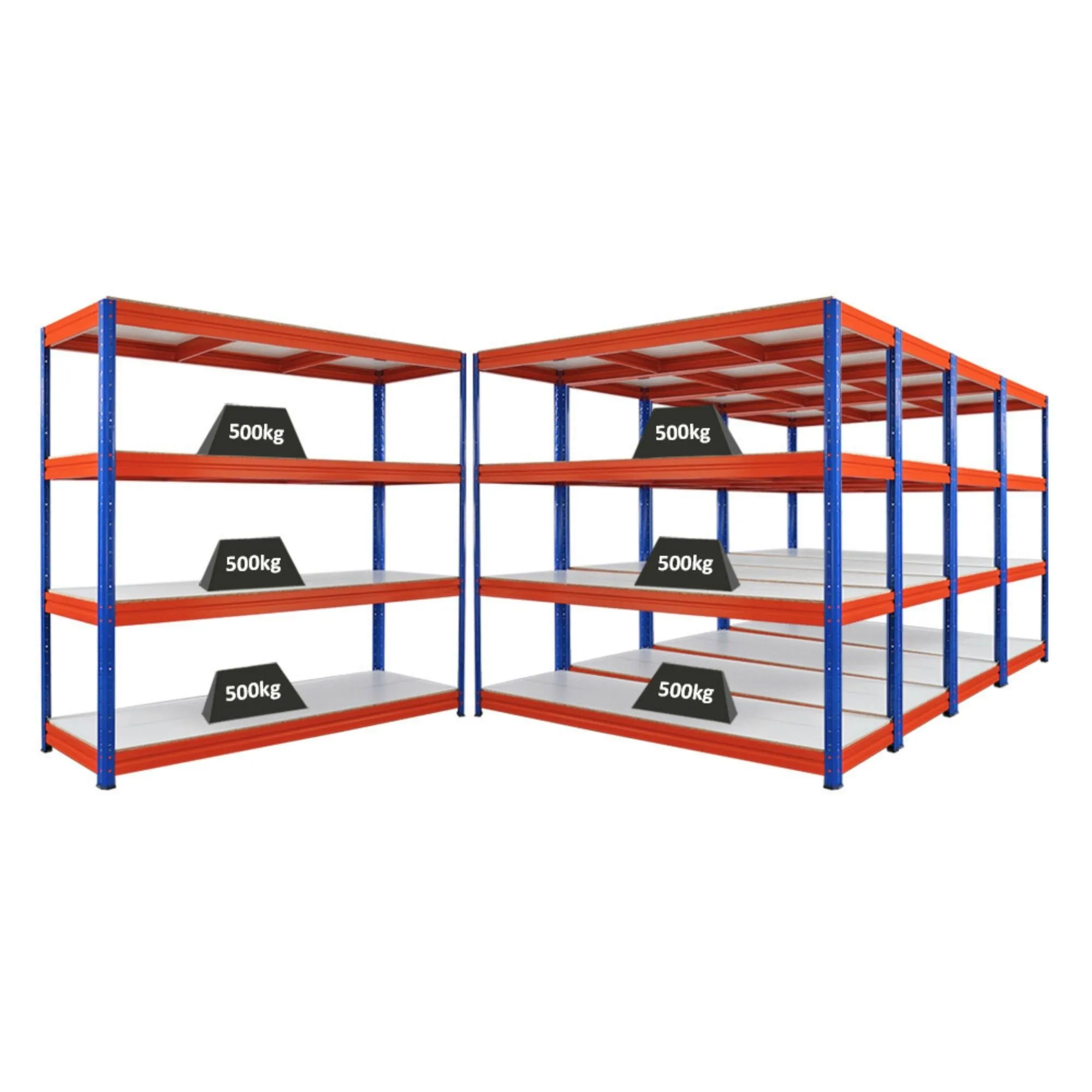 Mega Deal | 5x Schwerlastregal DINO | HxBxT 180x200x60cm | 4 Melamin-Ebenen 16mm | Fachlast 500kg | Blau/Orange