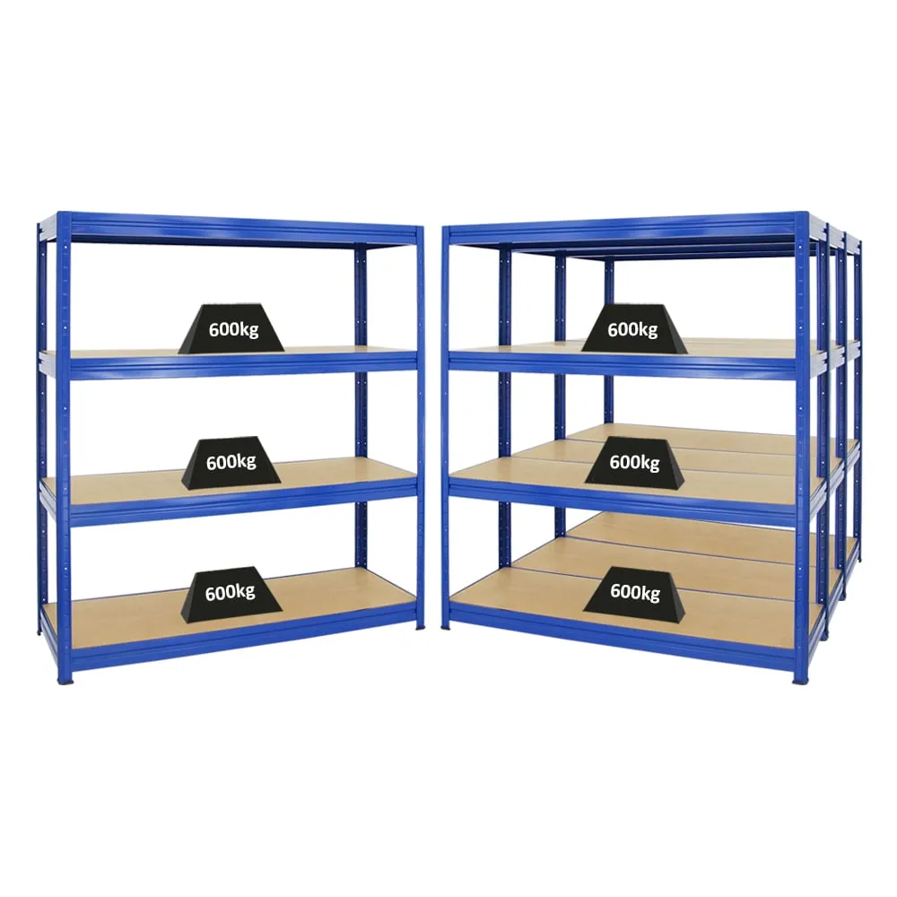 Mega Deal | 4x Schwerlastregal DINO | HxBxT 180x160x60cm | 4 MDF-Platten-Ebenen 6,5 mm | Fachlast 600kg | Blau