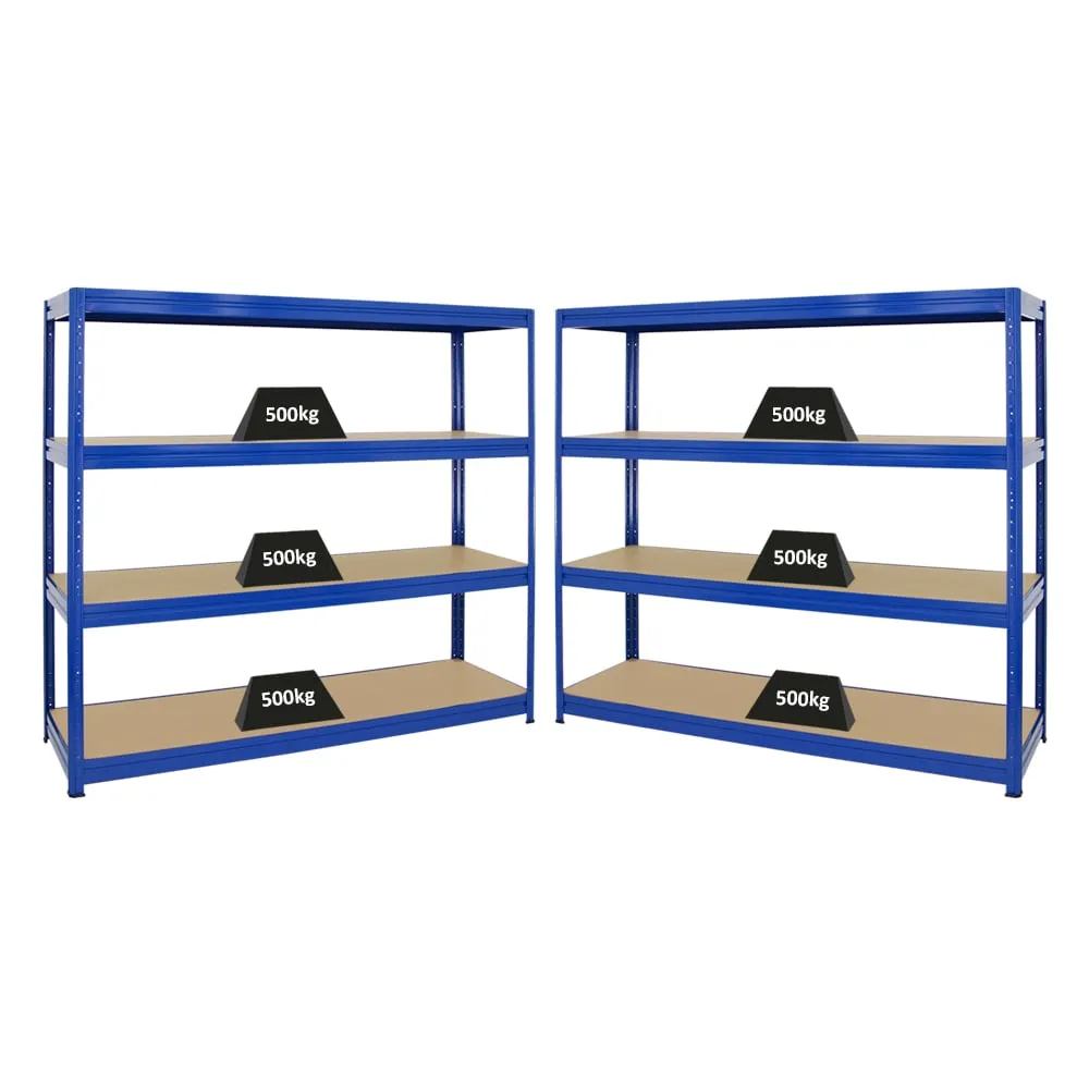 Mega Deal | 2x Schwerlastregal DINO | HxBxT 180x200x60cm | 4 MDF-Platten-Ebenen 6,5 mm | Fachlast 600kg | Blau