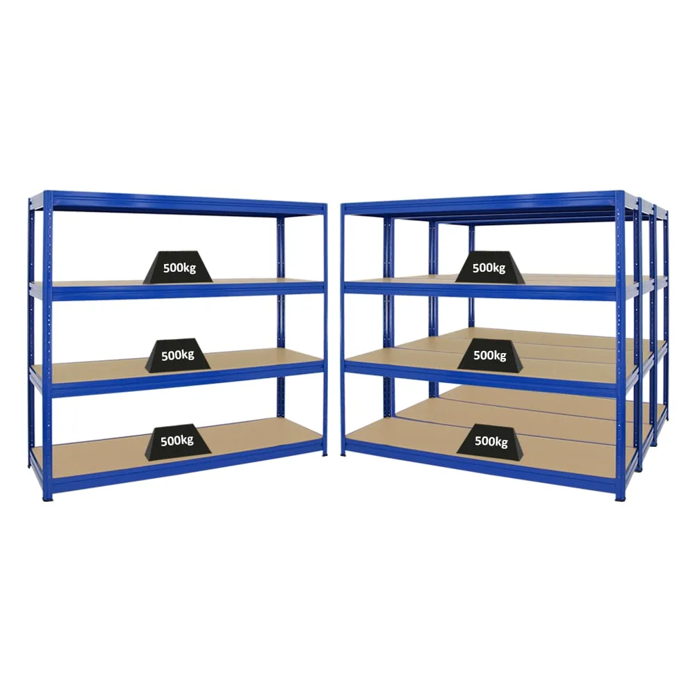 Mega Deal | 4x Schwerlastregal DINO | HxBxT 180x200x60cm | 4 MDF-Platten-Ebenen 6,5 mm | Fachlast 600kg | Blau