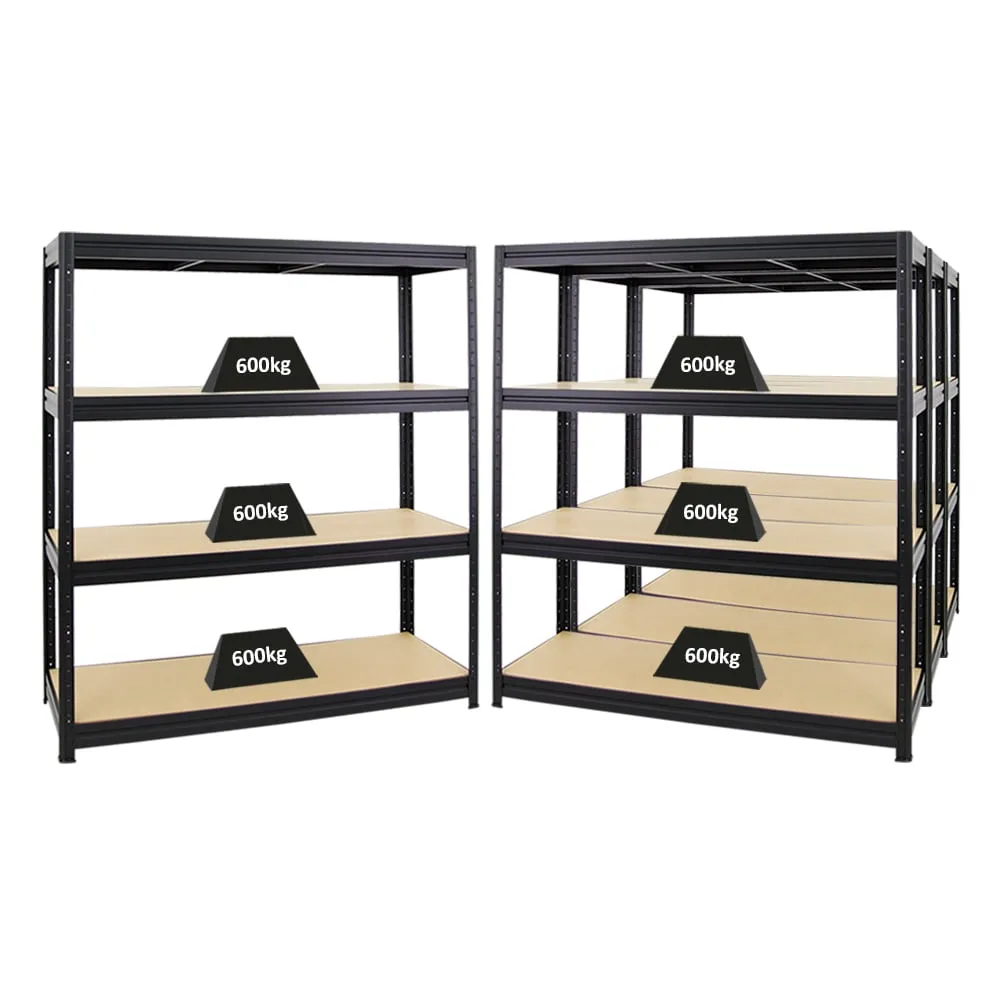 Mega Deal | 4x Schwerlastregal DINO | HxBxT 180x160x60cm | 4 MDF-Platten-Ebenen 6,5 mm | Fachlast 600kg | Schwarz