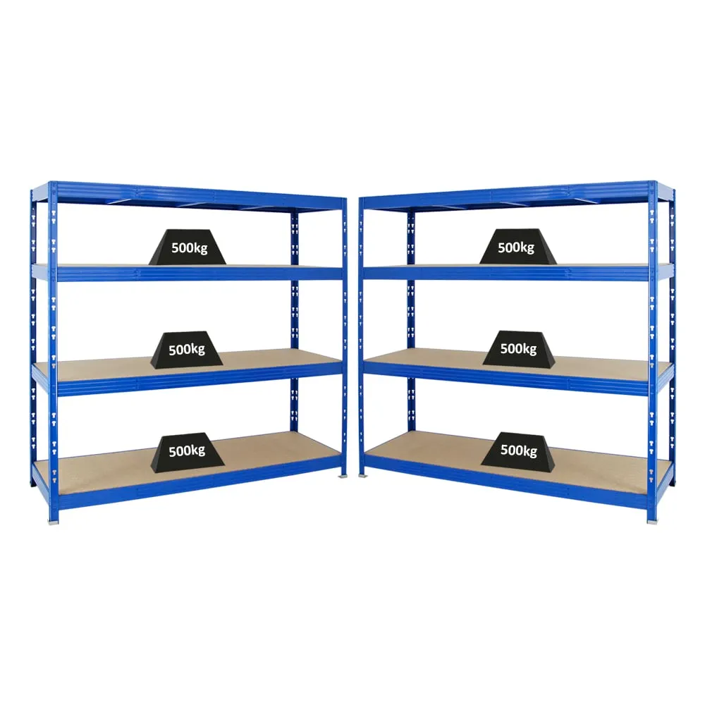 Mega Deal | 2x Profi Schwerlastregal Rhino | HxBxT 180x200x60cm | 4 Spanplatten-Ebenen 8mm | Fachlast 500kg | Blau