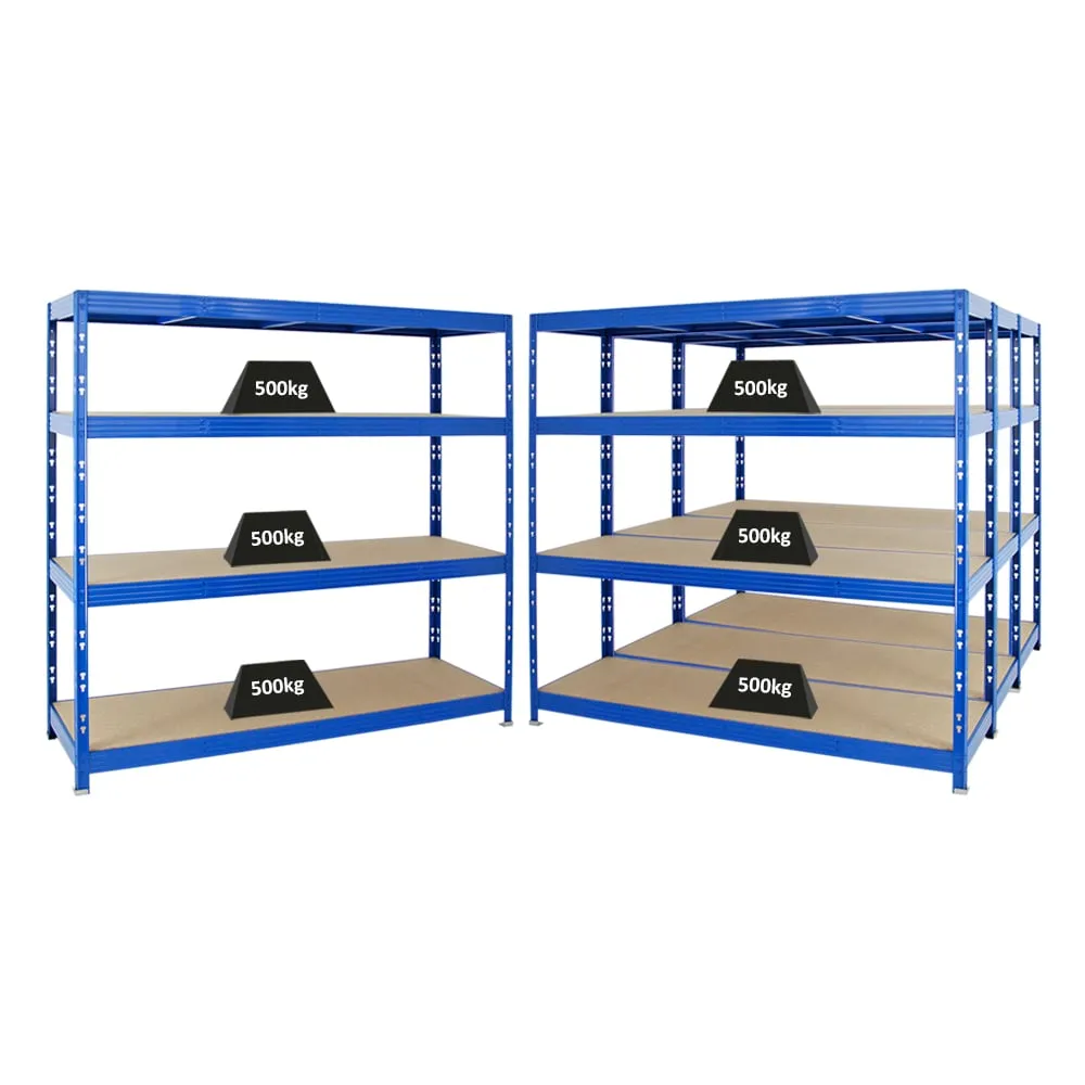 Mega Deal | 4x Profi Schwerlastregal Rhino | HxBxT 180x200x60cm | 4 Spanplatten-Ebenen 8mm | Fachlast 500kg | Blau