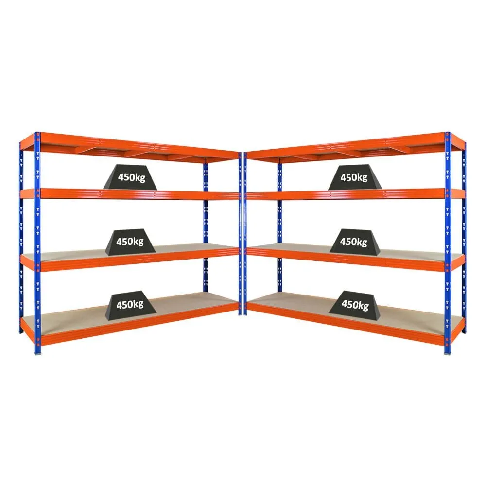 Mega Deal | 2x Profi Schwerlastregal Rhino | HxBxT 180x240x60cm | 4 Spanplatten-Ebenen 8mm | Fachlast 450kg | Blau/Orange