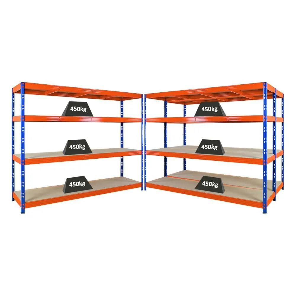 Mega Deal | 3x Profi Schwerlastregal Rhino | HxBxT 180x240x60cm | 4 Spanplatten-Ebenen 8mm | Fachlast 450kg | Blau/Orange